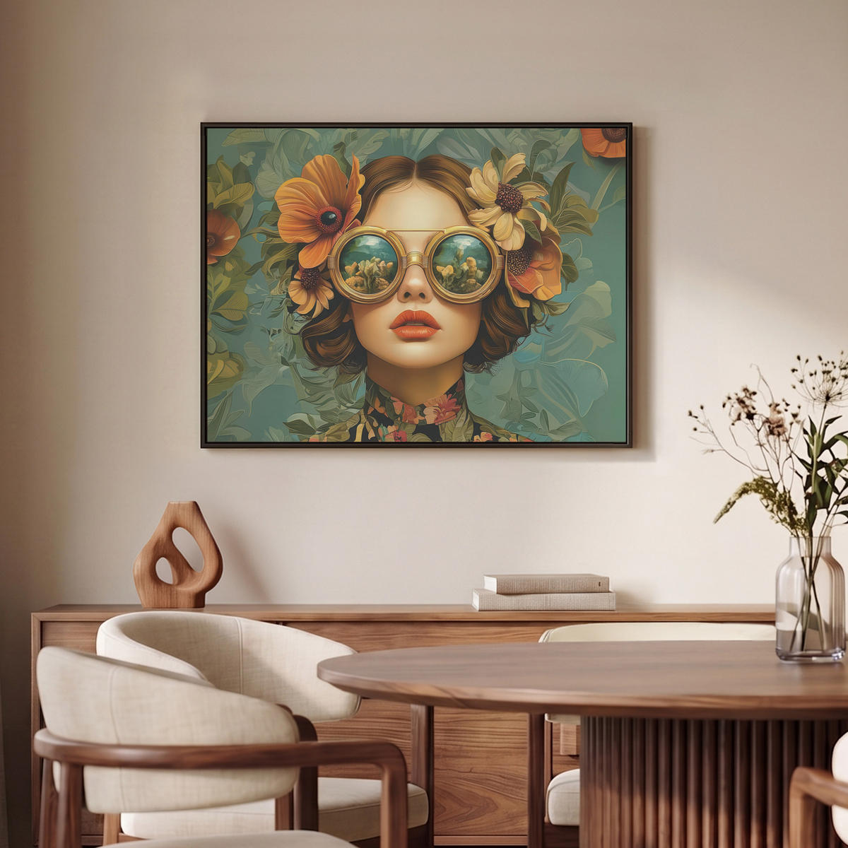 LEINWAND Bilder mit Rahmen - Frau - Blumen - Schmetterlinge - Natur - Vintage - 70x50 - Salbeigrün, Textil (70/50cm) - MuchoWow