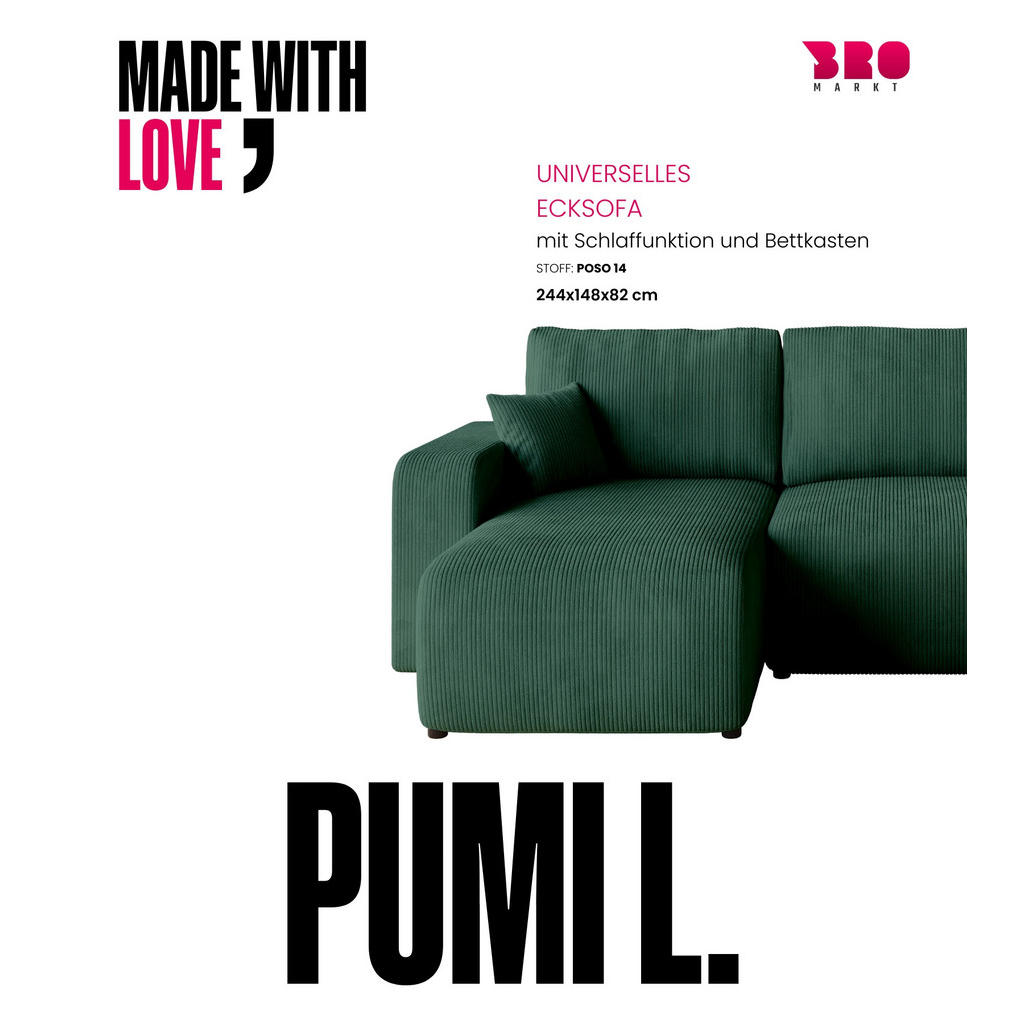 Thumbnail - Bromarkt Ecksofa, Dunkelgrün, Textil, 3-Sitzer, L-Form, 244x148 cm, Wohnzimmer, Sofas & Couches, Wohnlandschaften, Eckso...