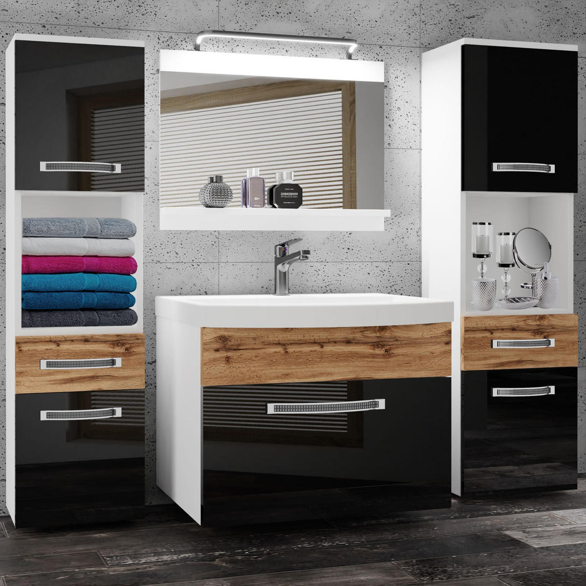 BADMÖBEL Badezimmer Schwarz Wotan Eiche Wotan Glänzend Matt - Eiche Wotan/Schwarz, Holz (140/113/40cm) - B BELINI GROUP