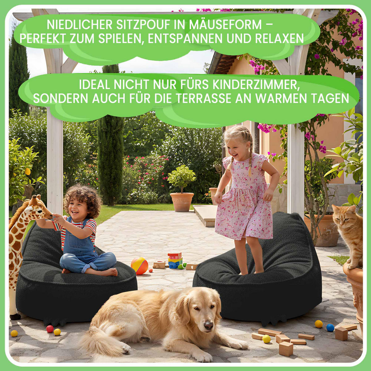 SITZSACK FÜR KINDER Dino 75/75/55 cm, weicher Bouclé 315 g/m², abnehmbarer Bezug, Steel Grey - Dunkelgrau, Textil (75/55/75cm) - Dreamroots