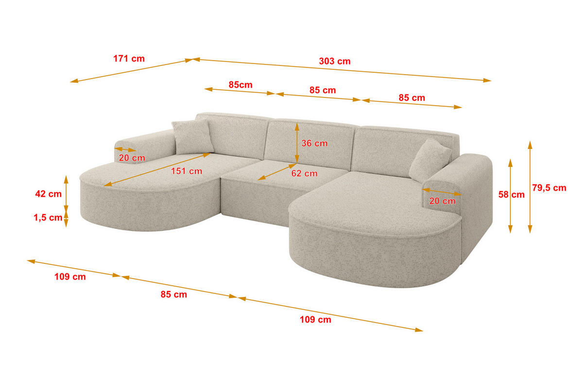 WOHNLANDSCHAFT MARI-U1 - 303x171x79 cm Beige Tissu - Beige/Schwarz, Holzwerkstoff/Kunststoff (303/79/171cm) - ALTDECOR