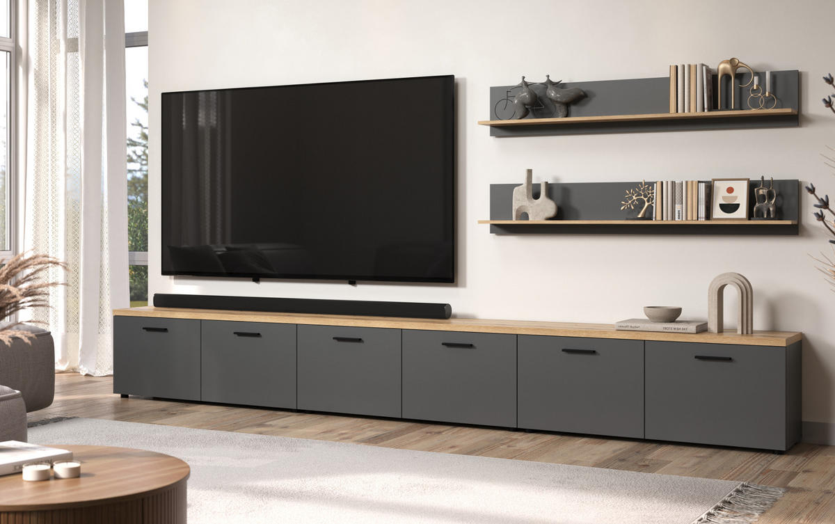WANDBOARD grau, Evoke Eiche hängend, Wandregal 150 x 25 cm - Eichefarben/Anthrazit, Holzwerkstoff (150/25/18cm) - Top.Furn