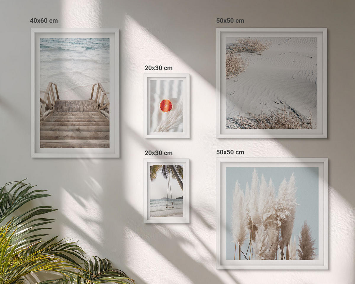 WANDBILDER 5er-Set - 50x50 cm & 20x30 cm & 40x60 cm Weißer Rahmen - Strandatmosphäre dank hölzerner Treppen. - Weiß, Kunststoff (40/60cm) - ArtPrintCave