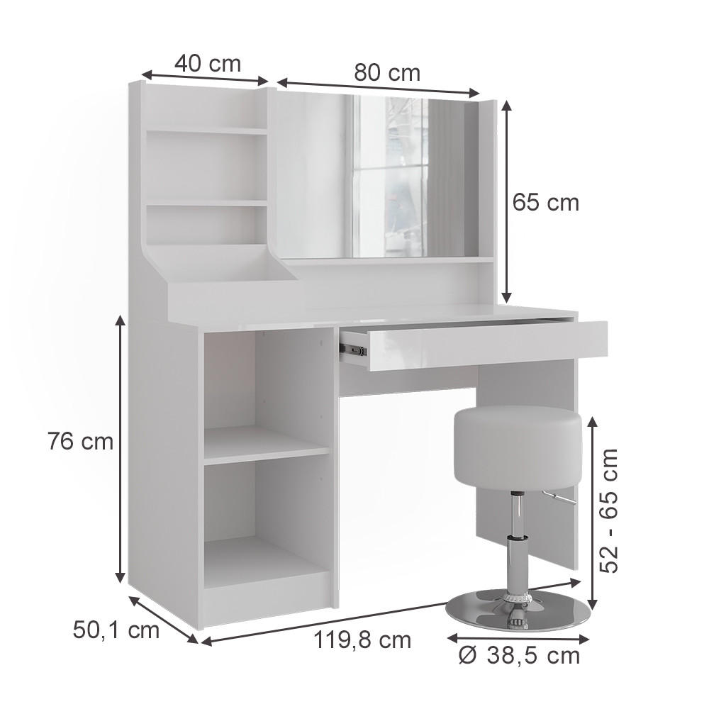 SCHMINKTISCH Sherry Weiß/Weiß Hochglanz 119.8 cm 4 Teile - Weiß Hochglanz, Holzwerkstoff (119.8/76/50.1cm) - Vicco