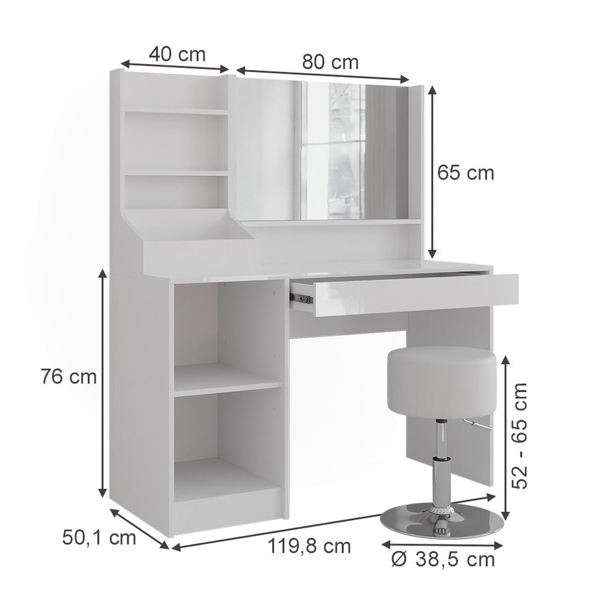 SCHMINKTISCH Sherry Weiß/Weiß Hochglanz 119.8 cm 4 Teile - Weiß Hochglanz, Holzwerkstoff (119.8/76/50.1cm) - Vicco