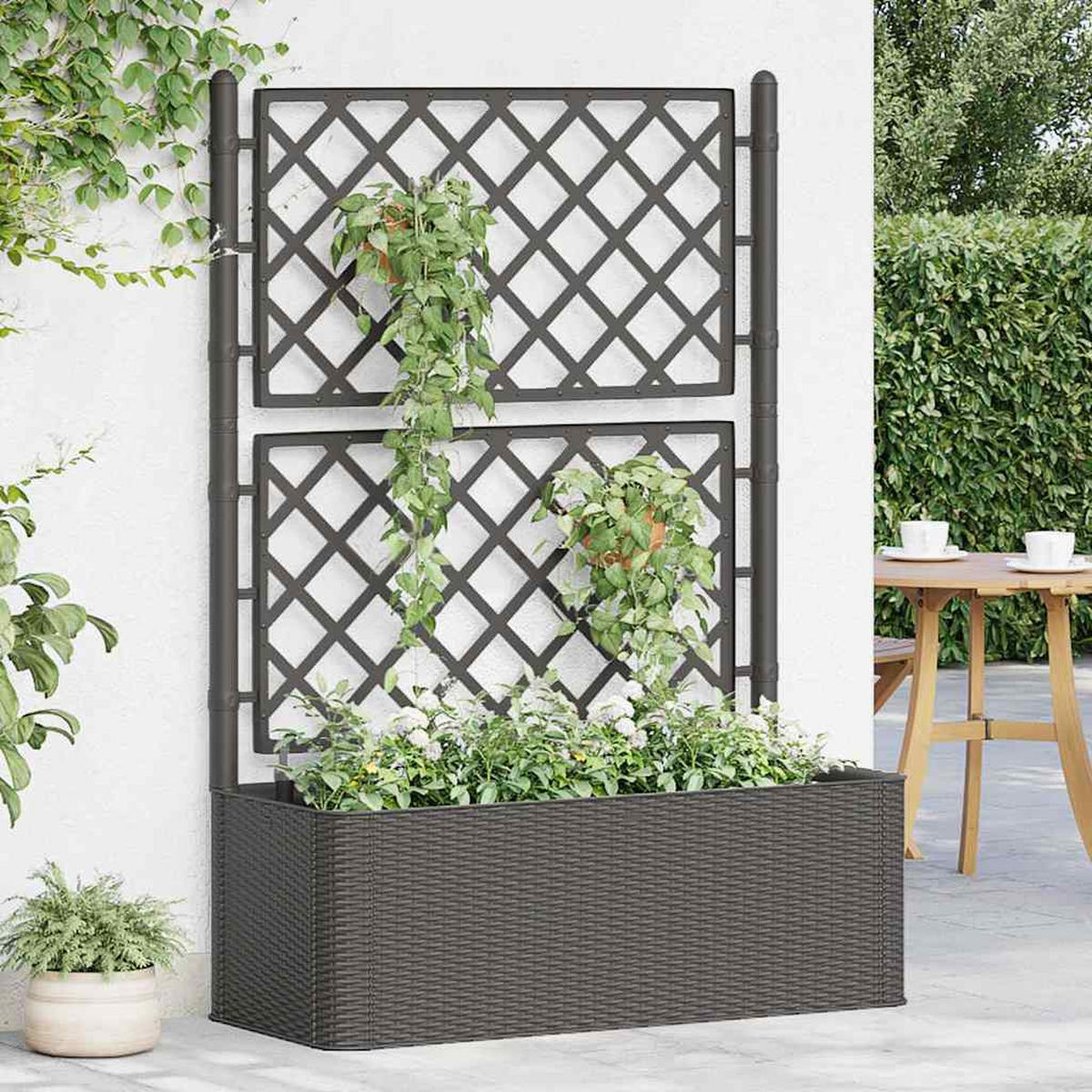 GARTEN-HOCHBEET Mit Spalier Selbstbewässerungssystem Anthrazit - Anthrazit, Kunststoff (43/142/100cm) - vidaXL
