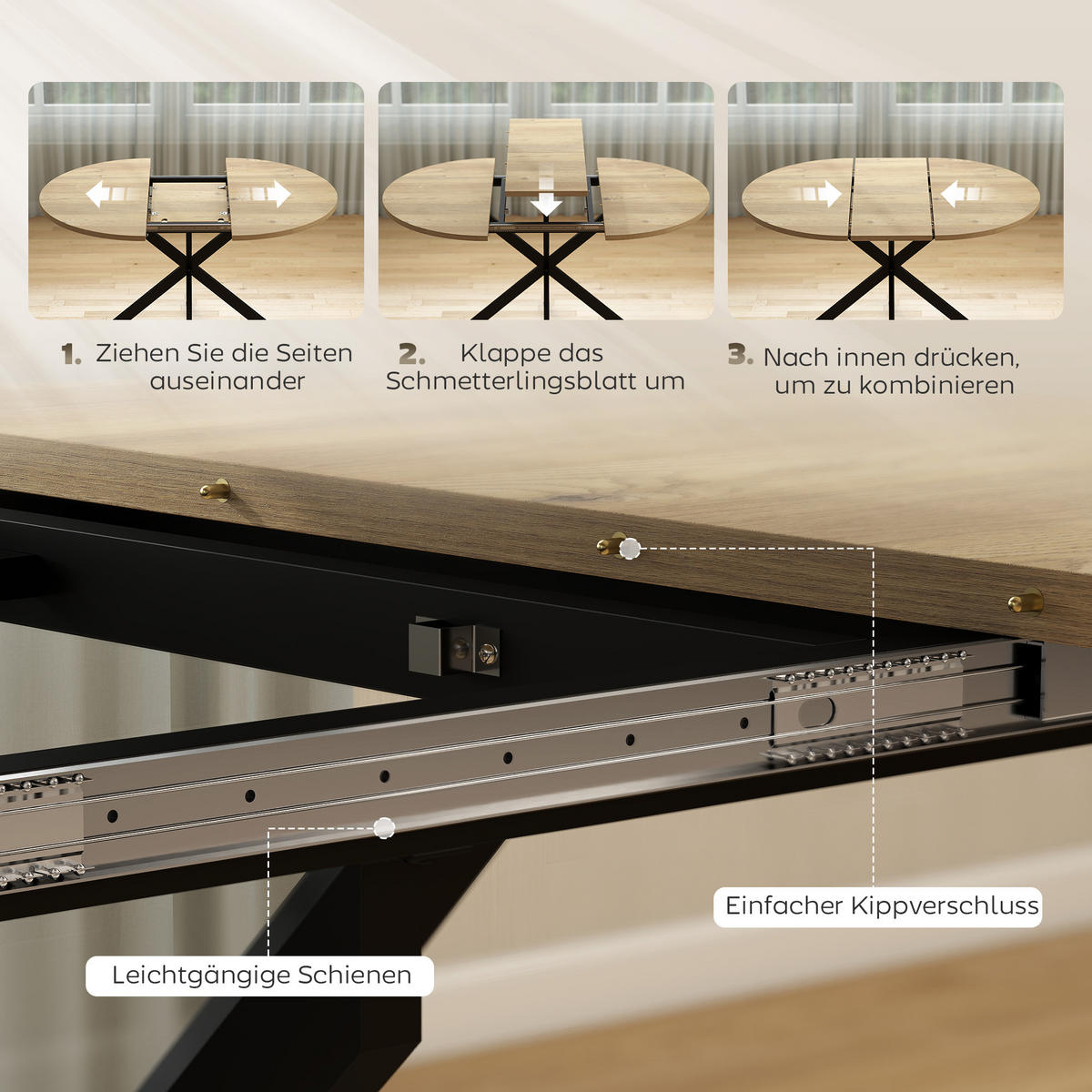 ESSTISCH ausziehbar 100/135 x 100 cm Esszimmertisch mit Tischbeine aus Stahl - Schwarz/Naturfarben, Holzwerkstoff/Metall (135/100/75cm) - HOMCOM