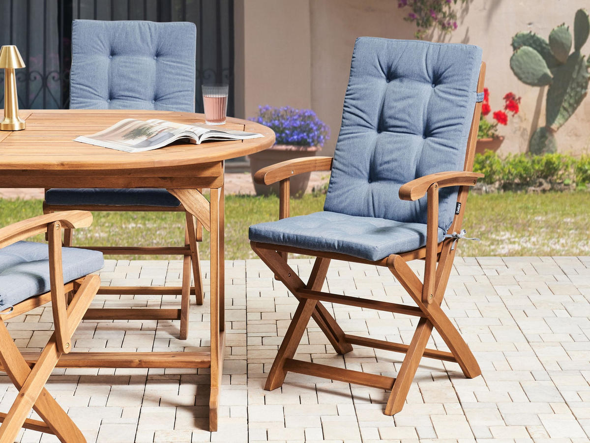 GARTENSTUHL 2er-Set und Sitzkissen Akazienholz Blau Maui Premium - Braun, Holz (46/92/48cm) - Beliani