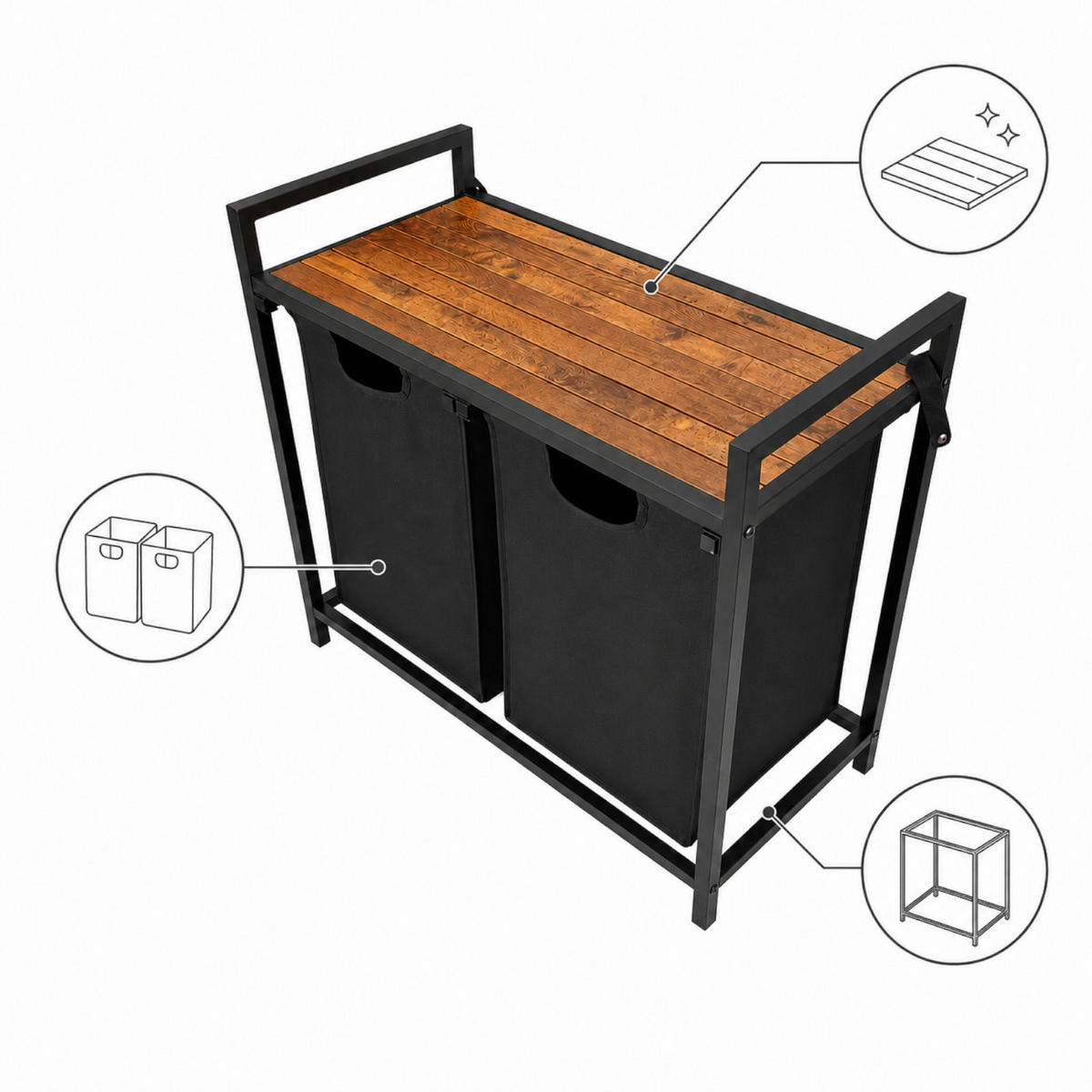 WÄSCHEKORB – Metall – Schwarz – 2 herausnehmbare Wäschesäcke – Ablage – 73x33x71 cm (92l) - Schwarz/Braun, Metall (73/71/33cm) - Begryf