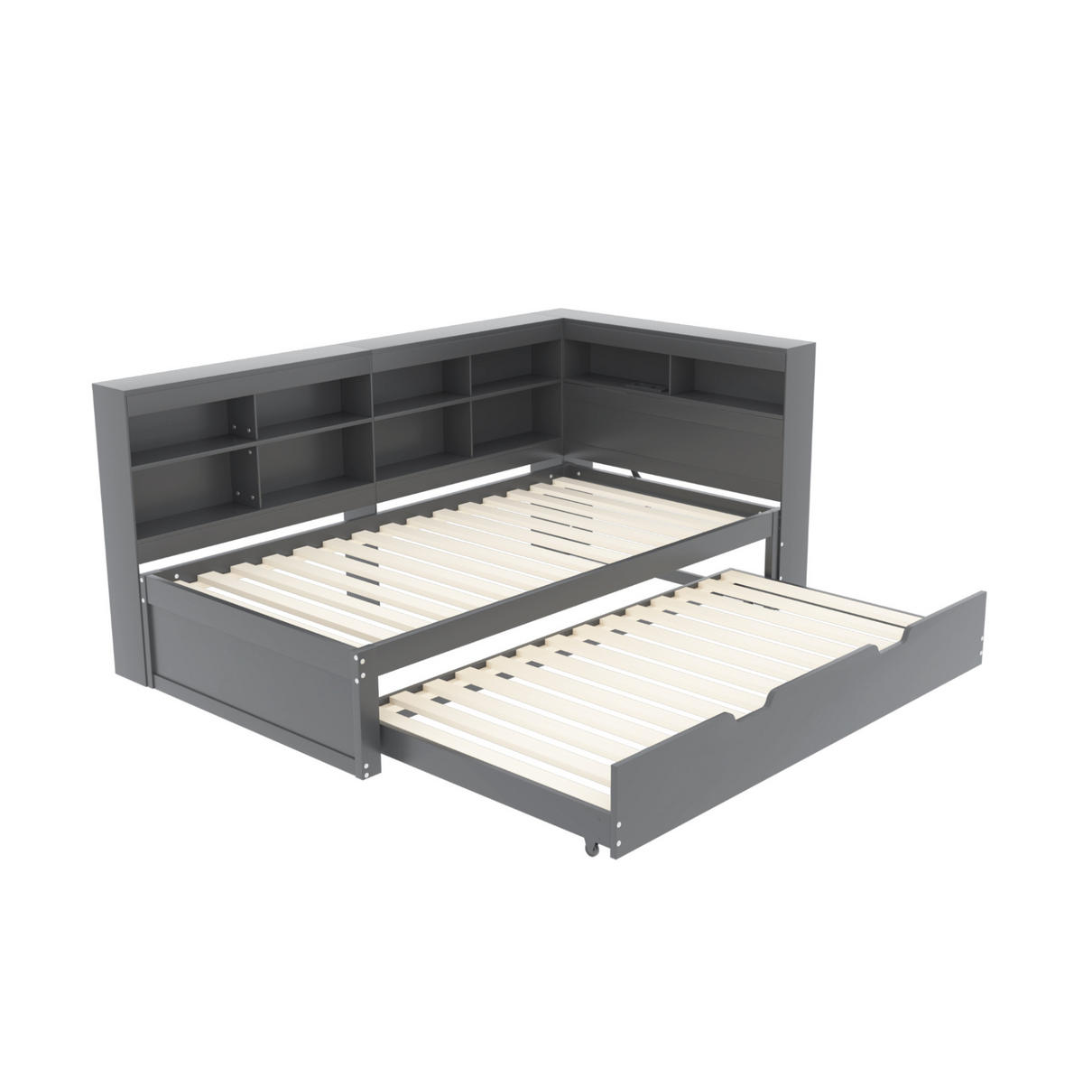 MULTIFUNKTIONSBETT 90/200 cm Grau mit USB-Buchse und Stauraum aus Massivholz - Grau, Holz (90/200cm) - OKWISH