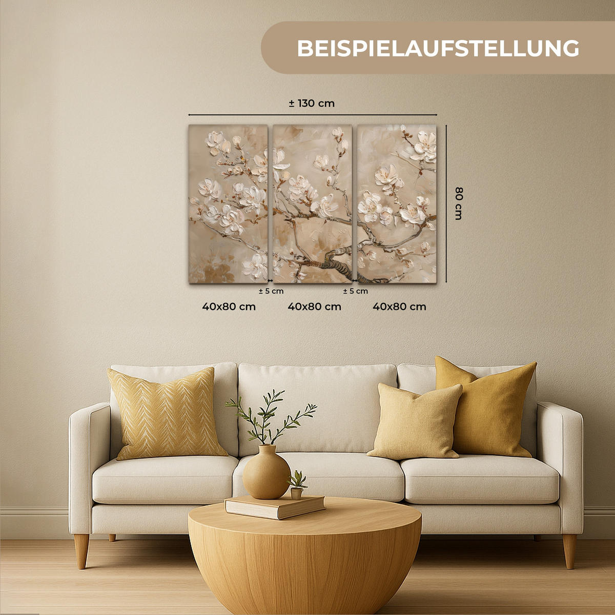 LEINWANDBILD 3er Set Beige - Blüte - Modern 120x80 cm - Greige, Textil (120/80cm) - MuchoWow