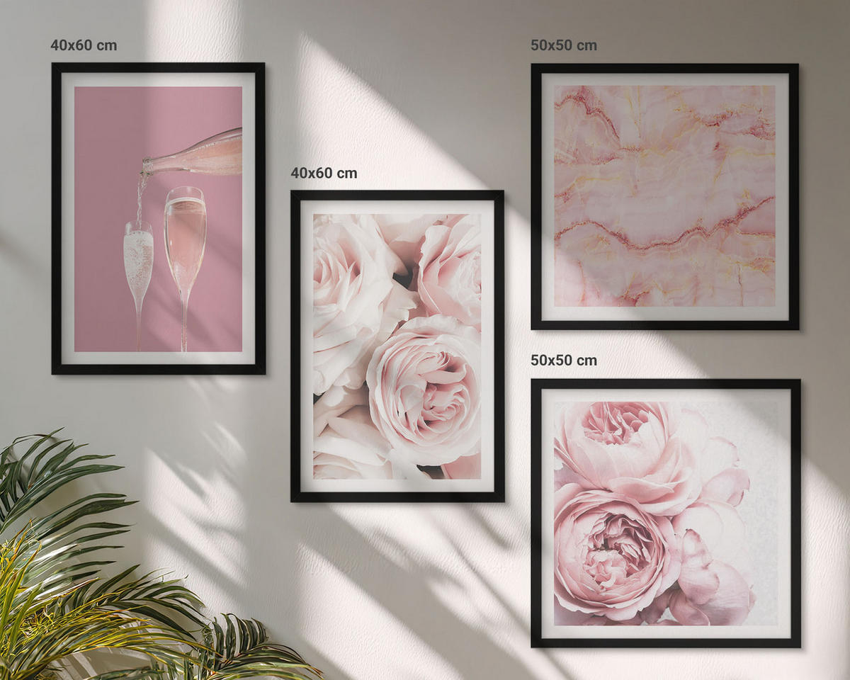 WANDBILDER 4er-Set - 50x50 cm & 40x60 cm Schwarzer Rahmen - Rosen, Champagner, Marmor, Pastell - Schwarz, Kunststoff (50/50cm) - ArtPrintCave