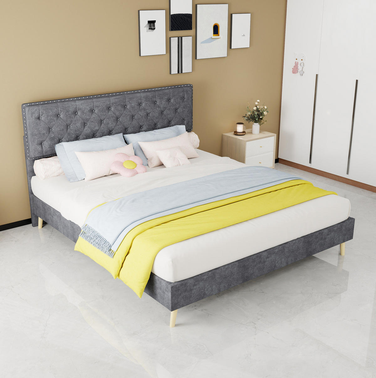 POLSTERBETT aus Stoff und Metall 160x200 cm Grau mit Samtbezug, Lattenrost und Stauraum - Grau, Textil (160/200cm) - IVMEU