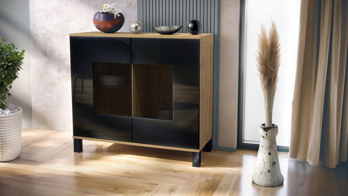 KOMMODE Grömitz Schwarz Hochglanz - Schwarz Hochglanz, Holzwerkstoff (92.5/84.5/35cm) - Vladon