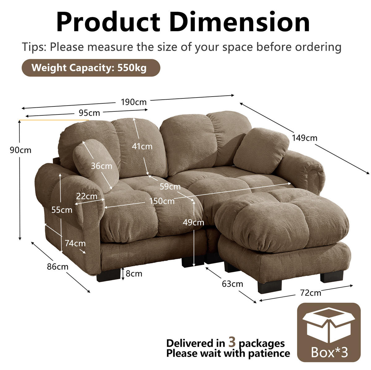 SOFA aus Chenille Braun mit mobilem Hocker - Braun, Holz (149/190cm) - Meubliv