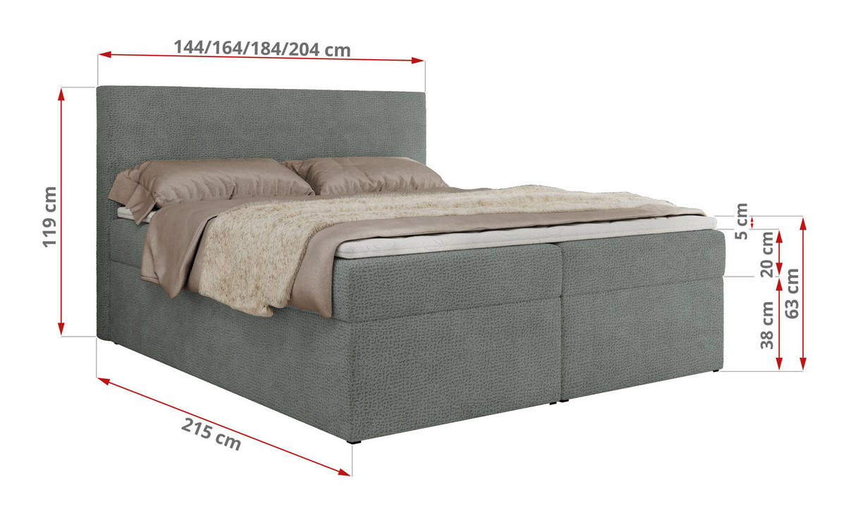 BOXBETT JAGUAR 180/200 - Grau Struktur - H3 - Grau, Holz/Textil (180/200cm) - MKS