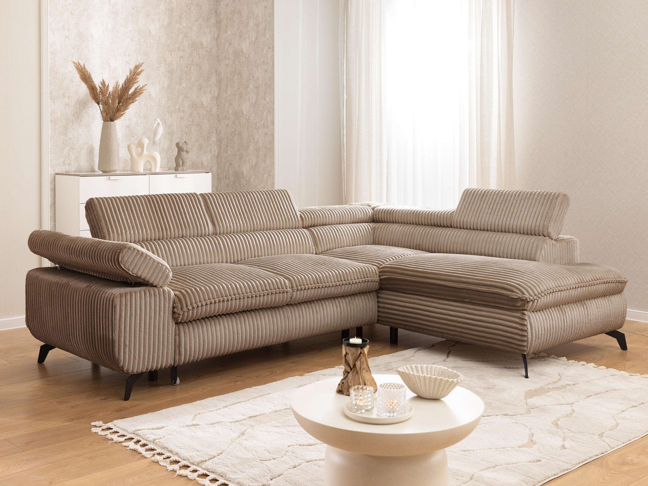 ECKSOFA mit Schlaffunktion und Bettkasten Bonnie aus Beige Cord-Stoff mit verstellbaren Kopfstützen und Armlehne - Ottomane rechts - Ecru/Beige, Holz/Textil (275/210cm) - S-Style Möbel