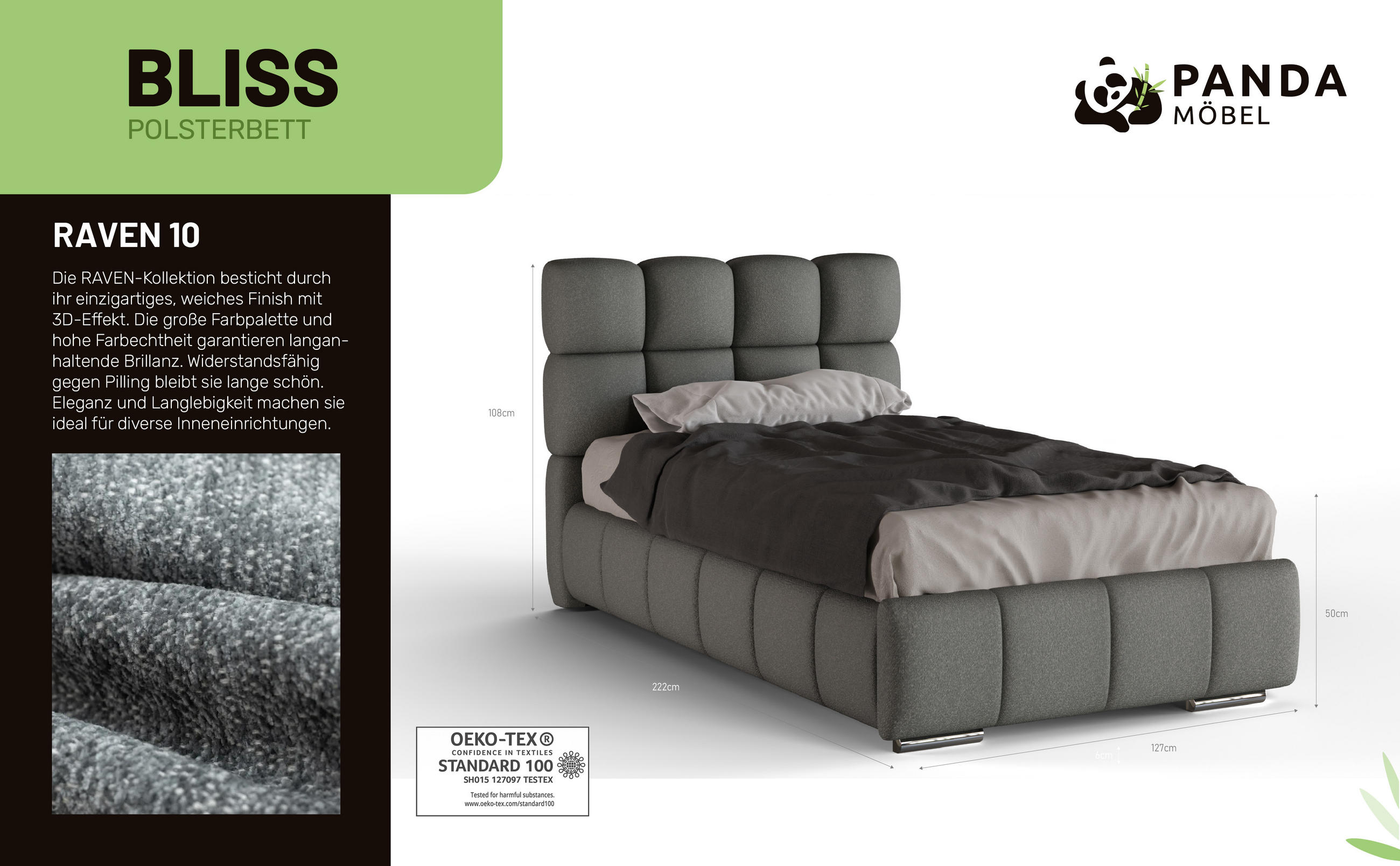 Thumbnail - Panda Möbel Polsterbett, Dunkelgrau, Holz, Mode, 100x200 cm, Oeko-Tex® Standard 100, Schlafzimmer, Betten, Polsterbetten