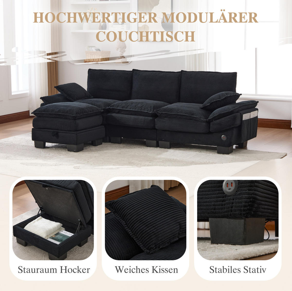 ECKSOFA 260/132/84 cm schwarz aus Cord mit Hocker und USB-C - Schwarz, Textil (132/260cm) - OKWISH