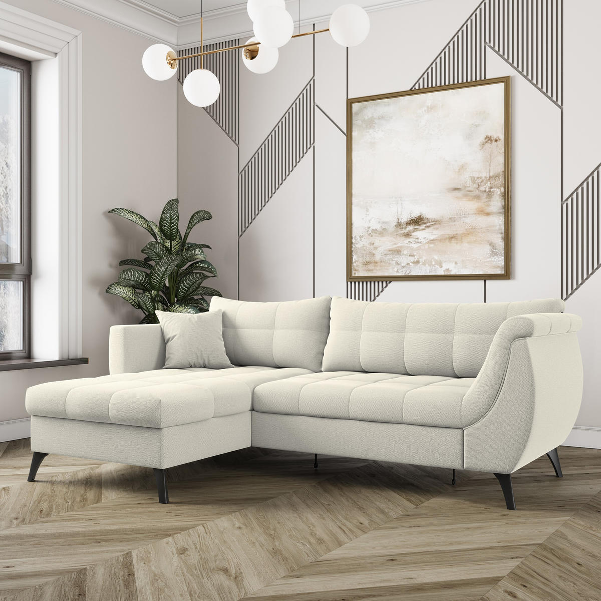 ECKSOFA MOLLIS Creme Geflochtener-Stoff mit Schlaffunktion - Creme, Holz (241/154cm) - MASSENO