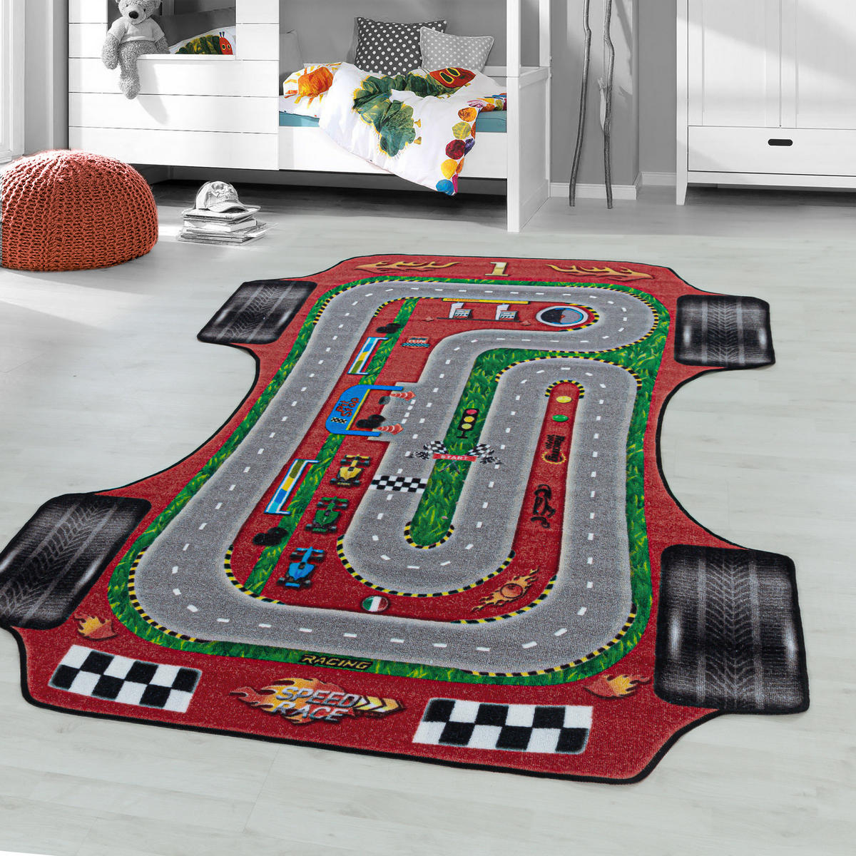 TEPPICH Kinder Flachgewebe Rennbahn-Motiv Polyamid rutschfest Kinderzimmer Rot Rechteckig 120x170 - Rot, Textil (120/170cm) - KADIMA DESIGN
