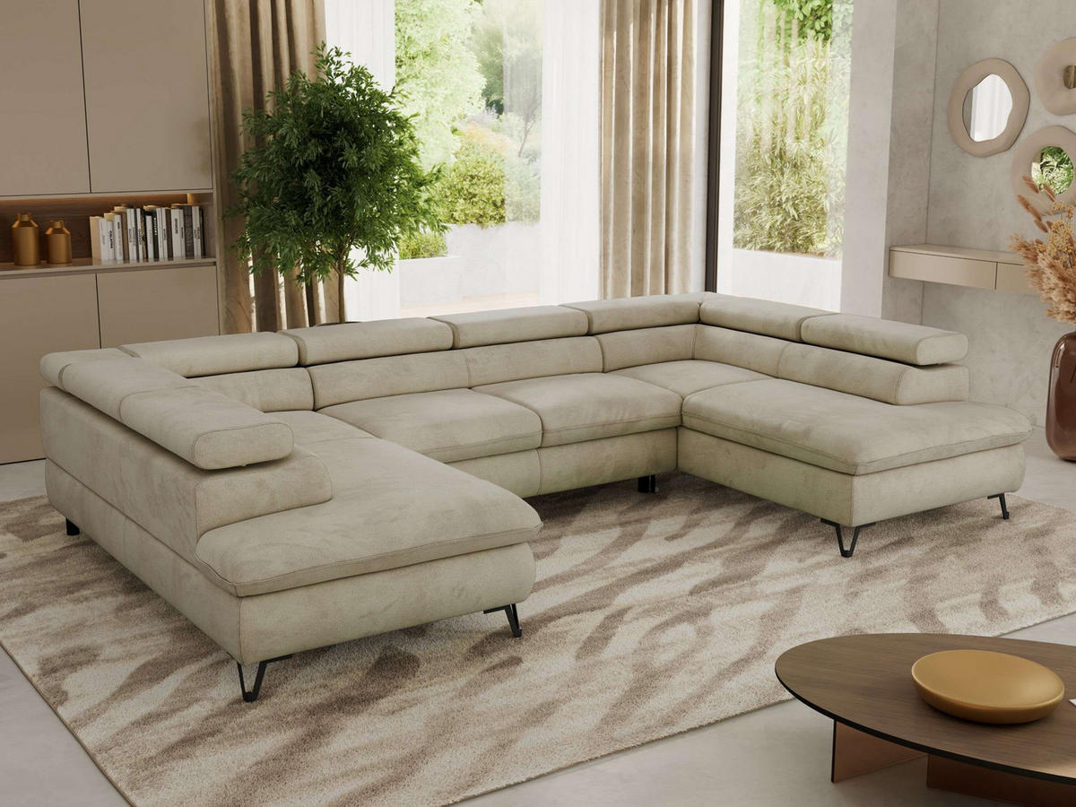 WOHNLANDSCHAFT PABLO U Velvet Beige mit Topper T25 - Beige/Schwarz, Textil/Metall (346/76/208cm) - MKS