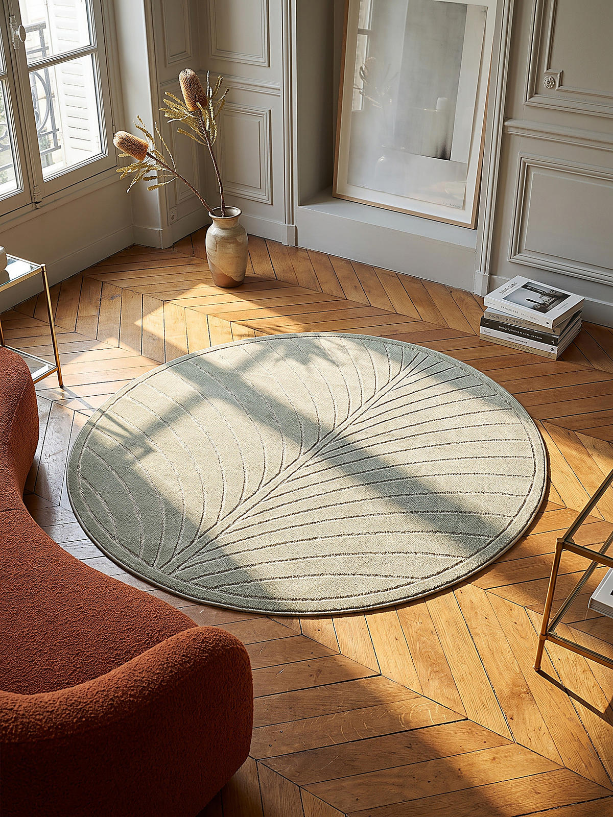 TEPPICH Outdoor, Fußbodenheizung-geeignet, mit Blattmotiv, aus Polypropylen, ENGADIN in Salbeigrün, Ø 160 cm - Grün, Textil (160/160cm) - KADIMA DESIGN
