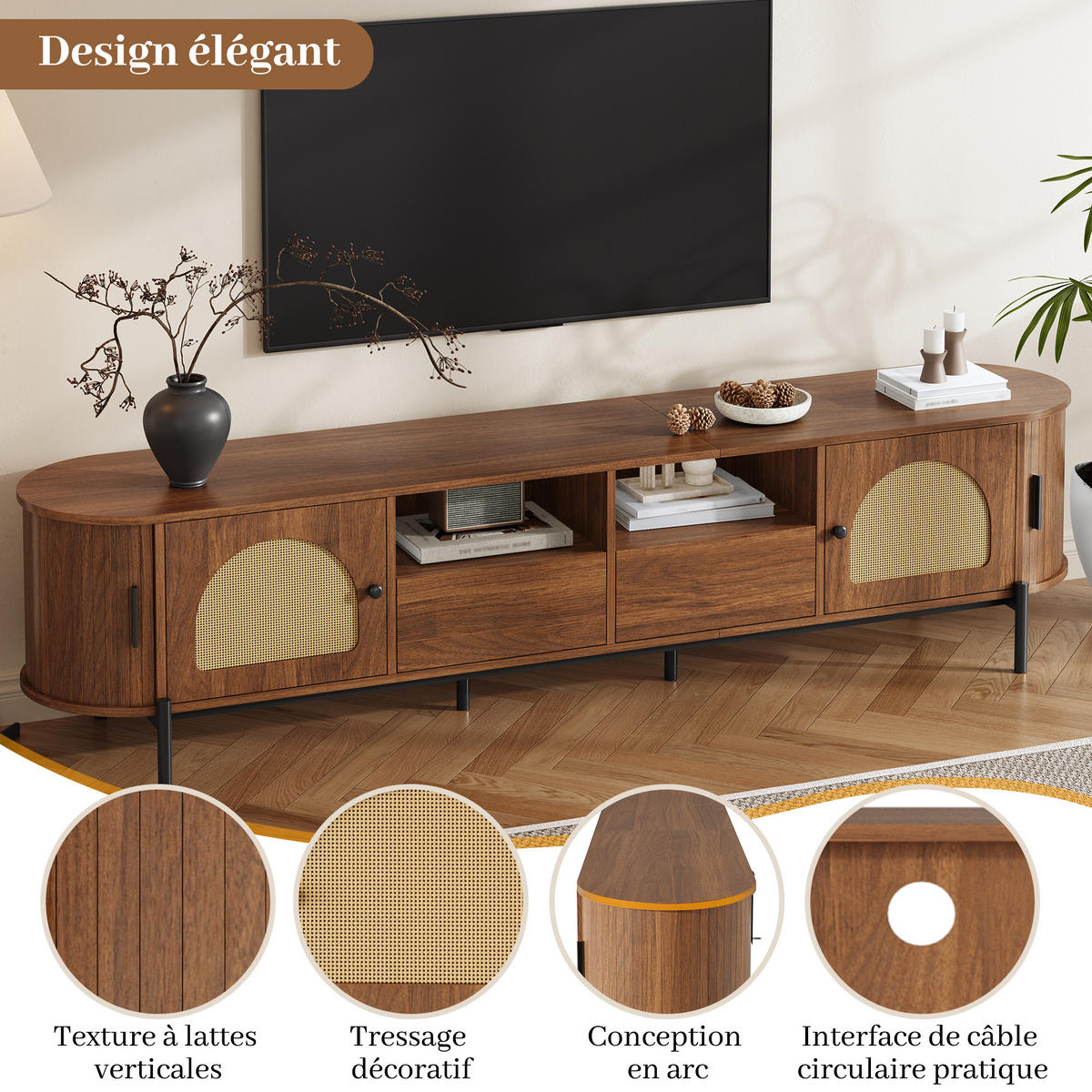 TV SKŘÍŇ v dekoru dřeva Oválná TV skříňka s ratanem a posuvnými dvířky, B200/T40/H49,5cm - černá/hnědá, kov/kompozitní dřevo (200/49.5/40cm) - STILVORA