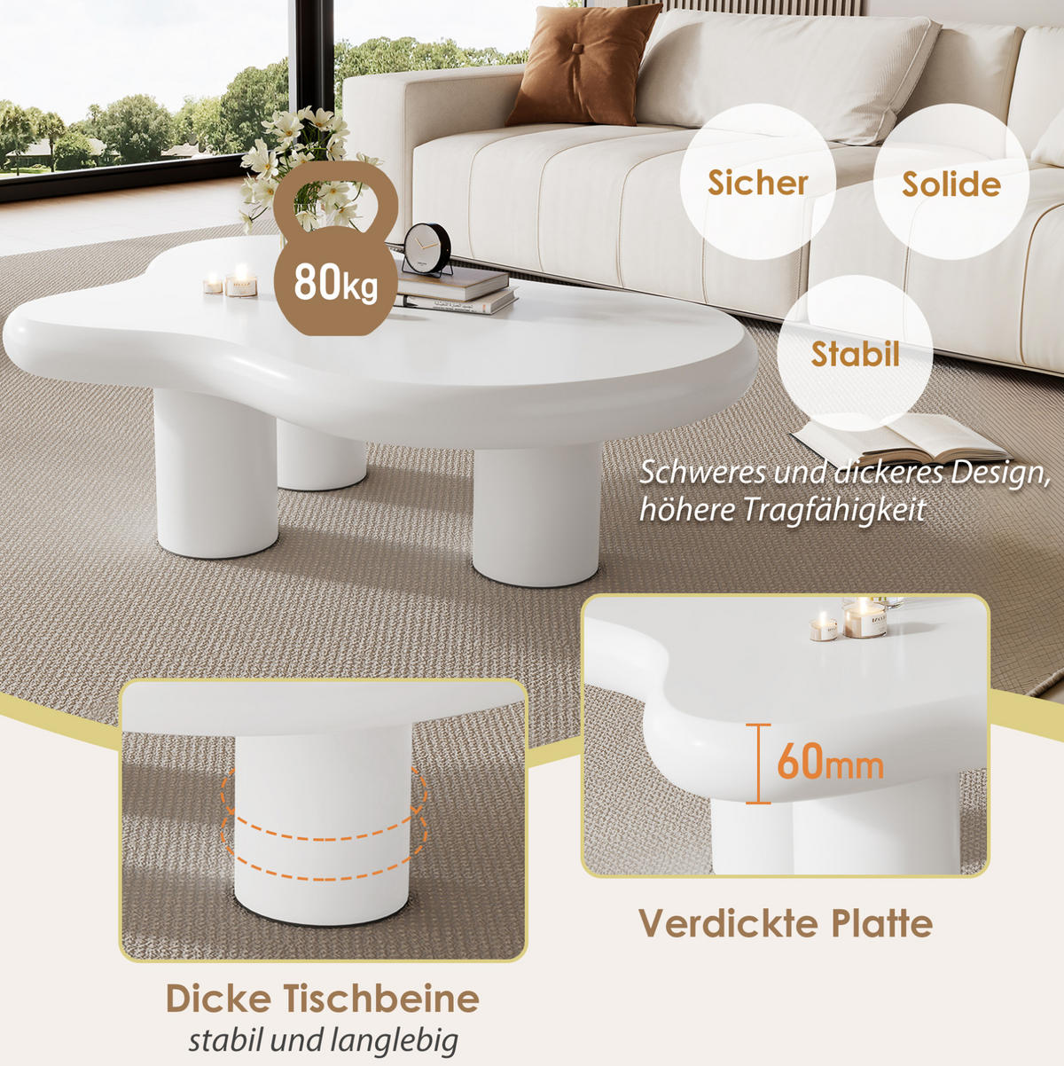 COUCHTISCH, Wolkenform, lackiertes MDF, weiß – kreatives, leichtes Design, Filzunterlagen, 97/67/32 cm,weiß - Weiß, Holzwerkstoff (67/97/32cm) - Redom