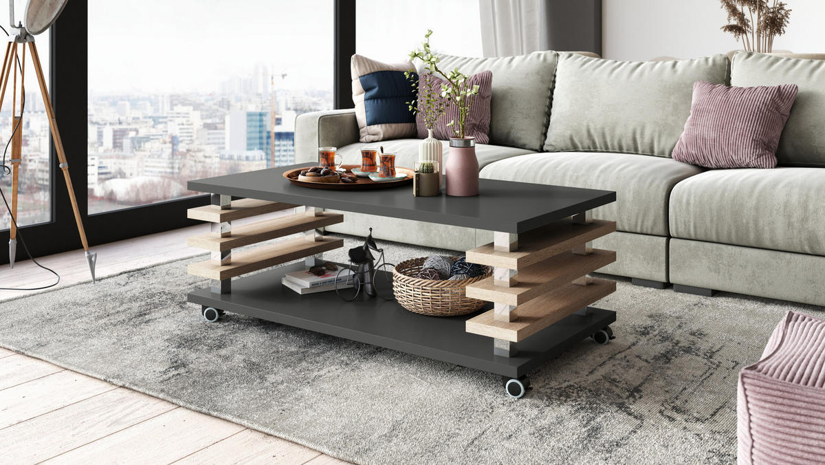 COUCHTISCH rechteckig Anthrazit matt - Sonoma Eiche Ablage Rollen - Anthrazit/Sonoma Eiche, Holzwerkstoff (60/120/45cm) - designimpex