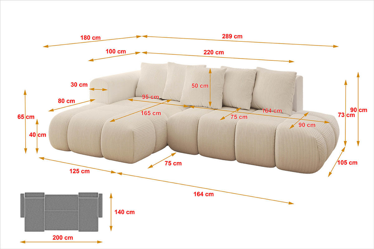 ECKSOFA Ottomane Links CLOUD-L-v1 289x180x40 Beige Cord - Beige, Holzwerkstoff/Kunststoff (180/289cm) - ALTDECOR