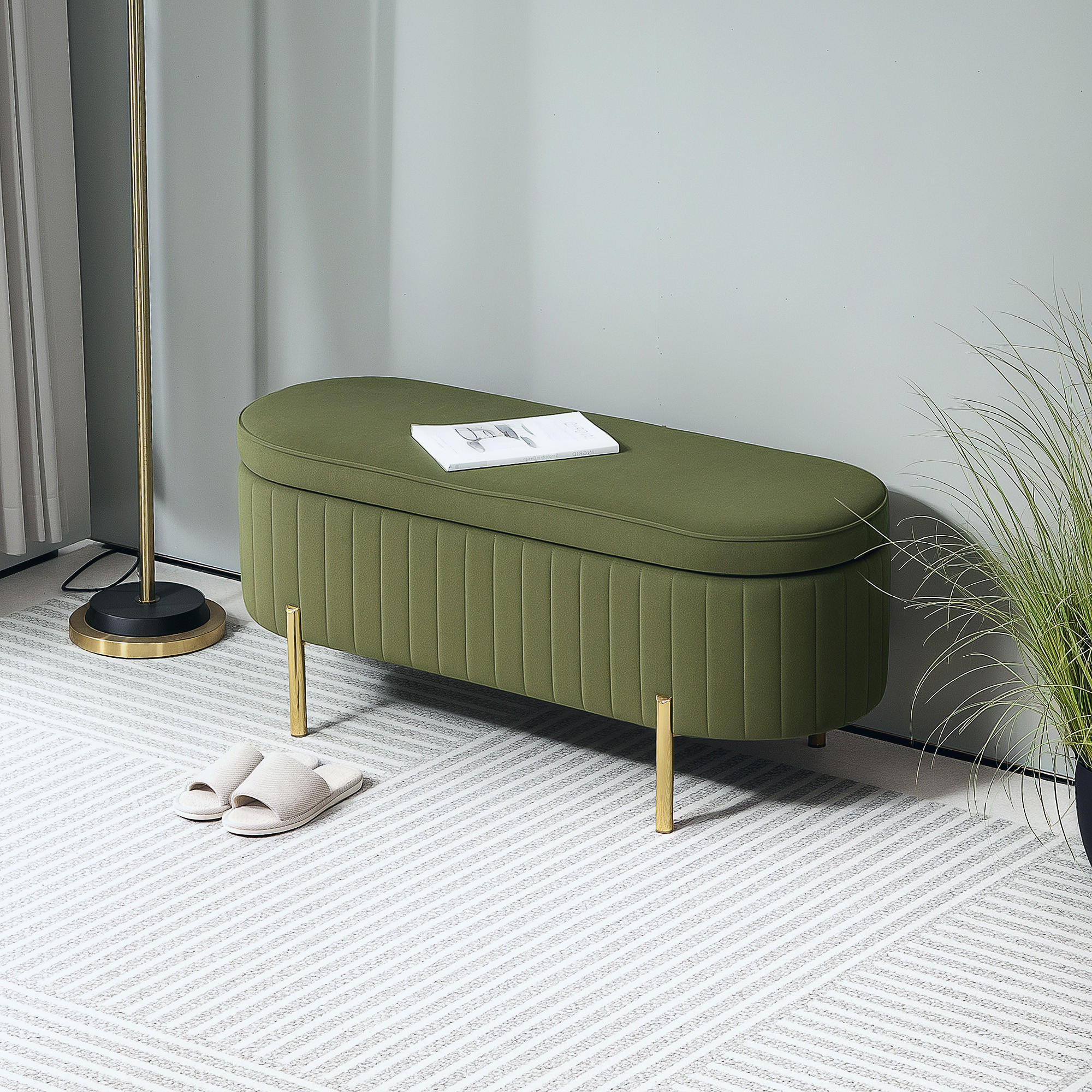 SITZBANK mit Stauraum Polsterbank mit Samtoptik, Metallbeine, Grün - Goldfarben/Grün, Textil/Metall (44/43.5/108cm) - HOMCOM