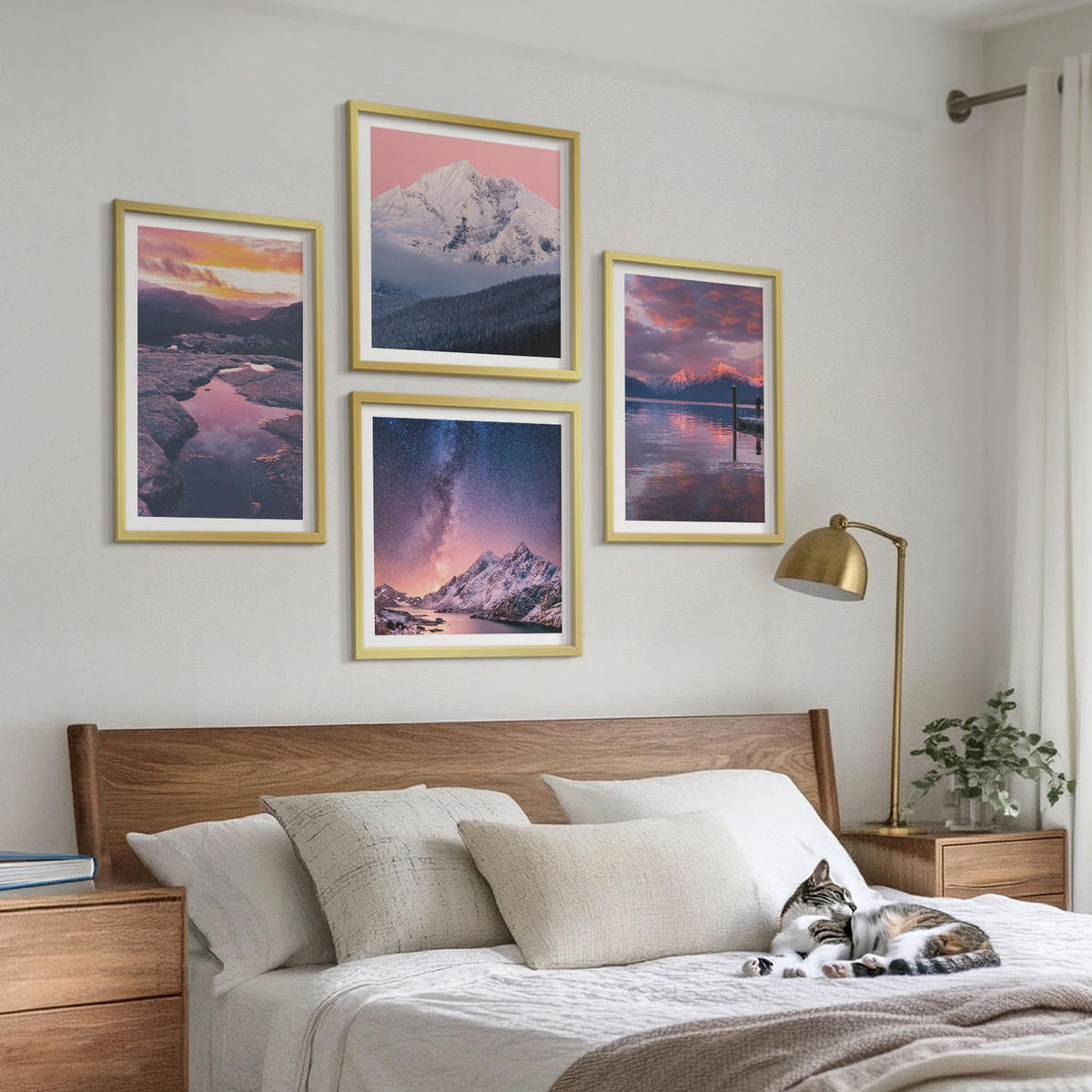 BILDER SET 4er Set - 50x50 cm & 40x60 cm Goldrahmen - Berge, Wasser, wunderschöne Landschaften - Goldfarben, Kunststoff (50/50cm) - TULUP