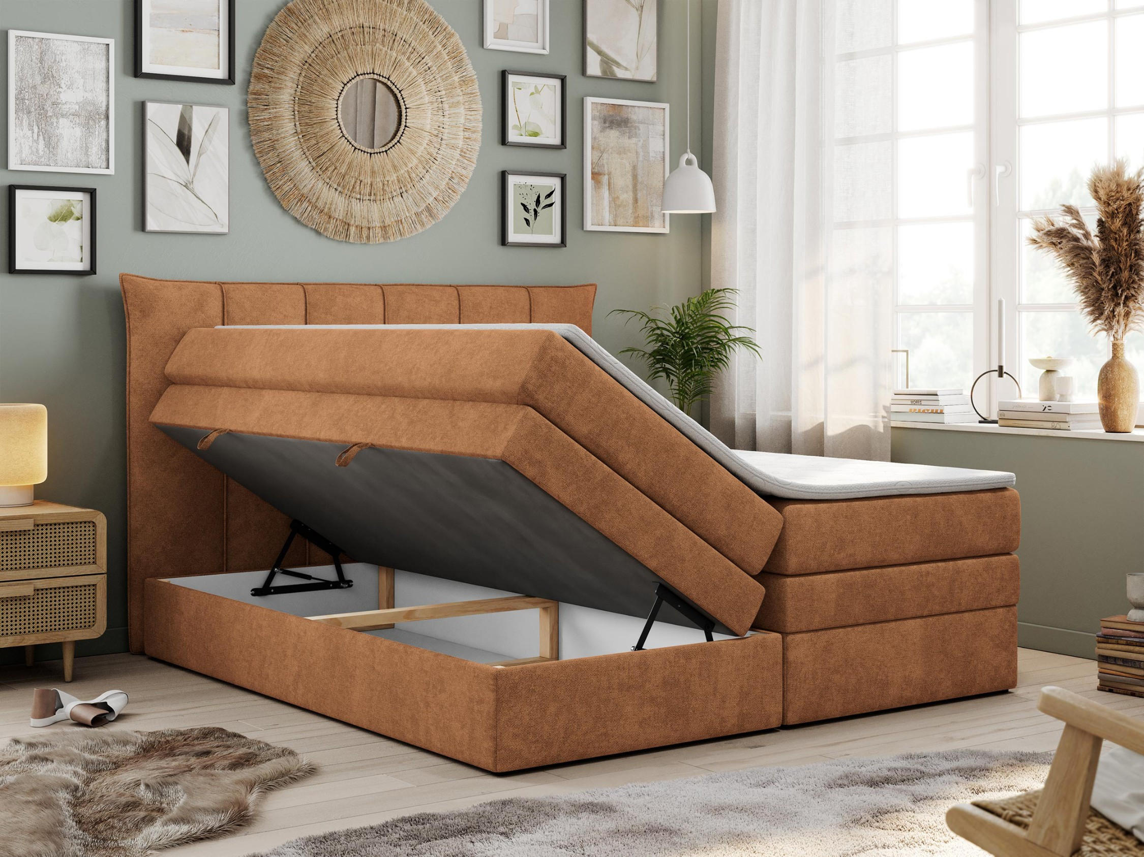 Thumbnail - MKS Boxspringbett, Orange, Textil, 2-Sitzer, H4, Rechteckig, 160x200 cm, Schlafzimmer, Betten, Boxspringbetten