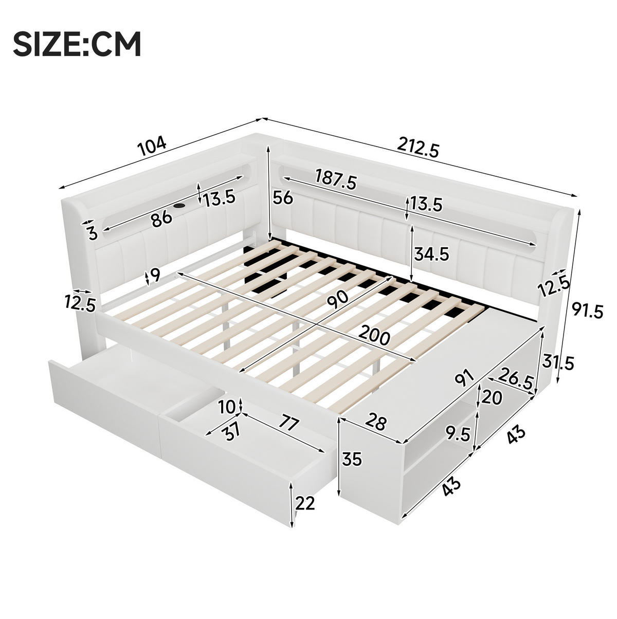 ČALOUNĚNÁ postel 90/200 cm bílá z MDF a překližky s LED osvětlením, USB a botníkem - bílá, kompozitní dřevo (90/200cm) - OKWISH