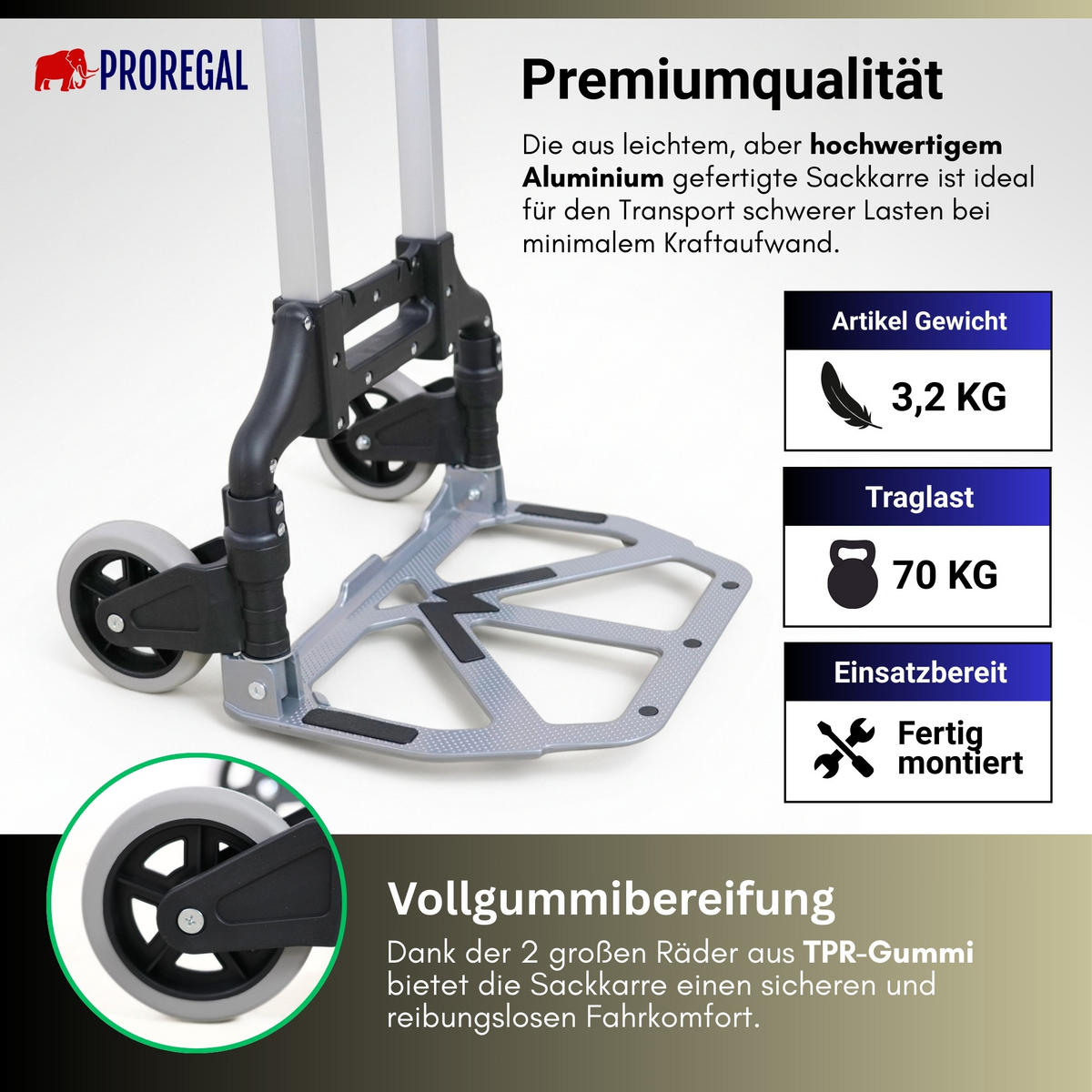 SACKKARRE Elephant klappbar 110x39x42cm Traglast 70kg AluminiumrahmenTRR Fachgummiräder Silber - Silberfarben, Metall (42/39/110cm) - PROREGAL
