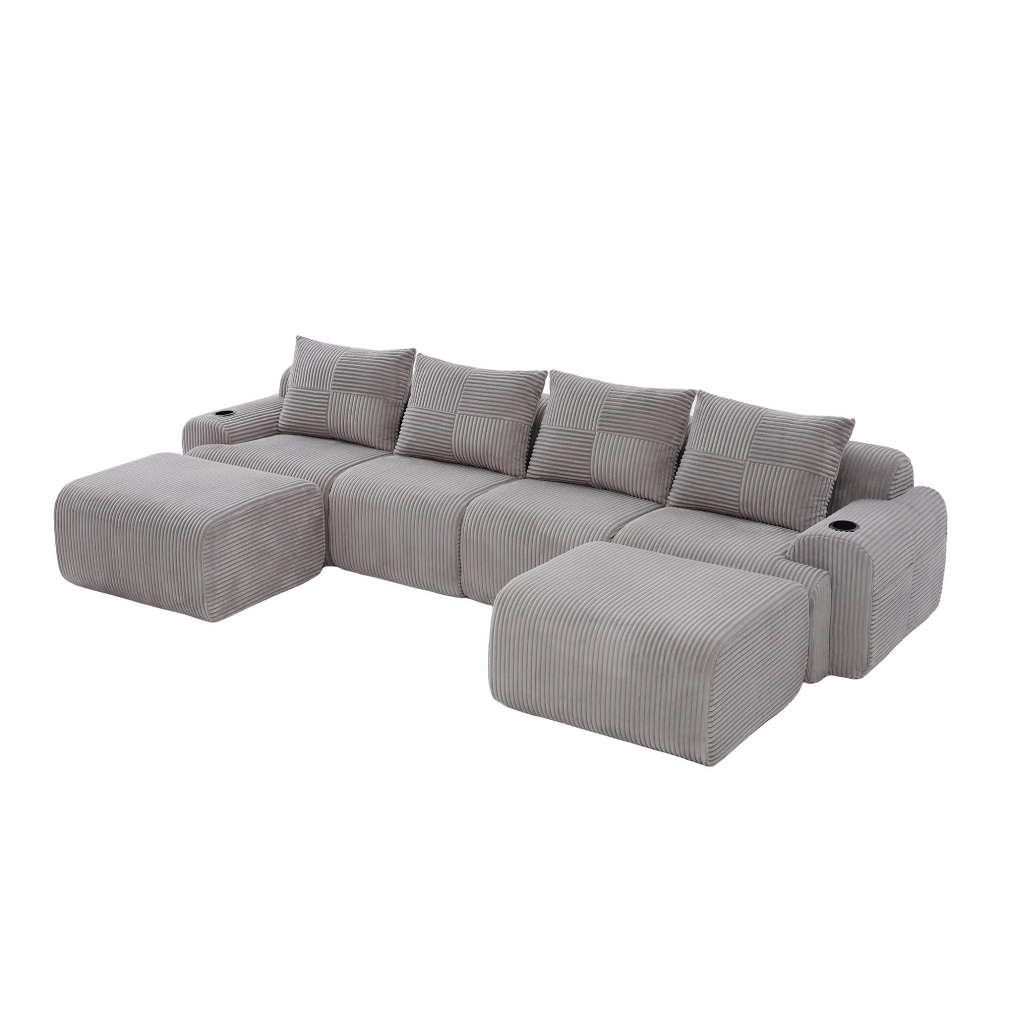 WOHNLANDSCHAFT Modulares 4-Sitzer-Sofa 333/174/80 cm hellgrau aus Cord mit 2 Hockern, Cupholder und Seitentasche - Hellgrau, Textil (174/80/333cm) - Modenvie