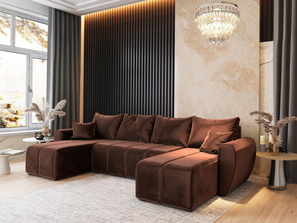 WOHNLANDSCHAFT MADISON U Braun Plüsch-Stoff mit Schlaffunktion - Braun, Holz (311/82/145cm) - MASSENO