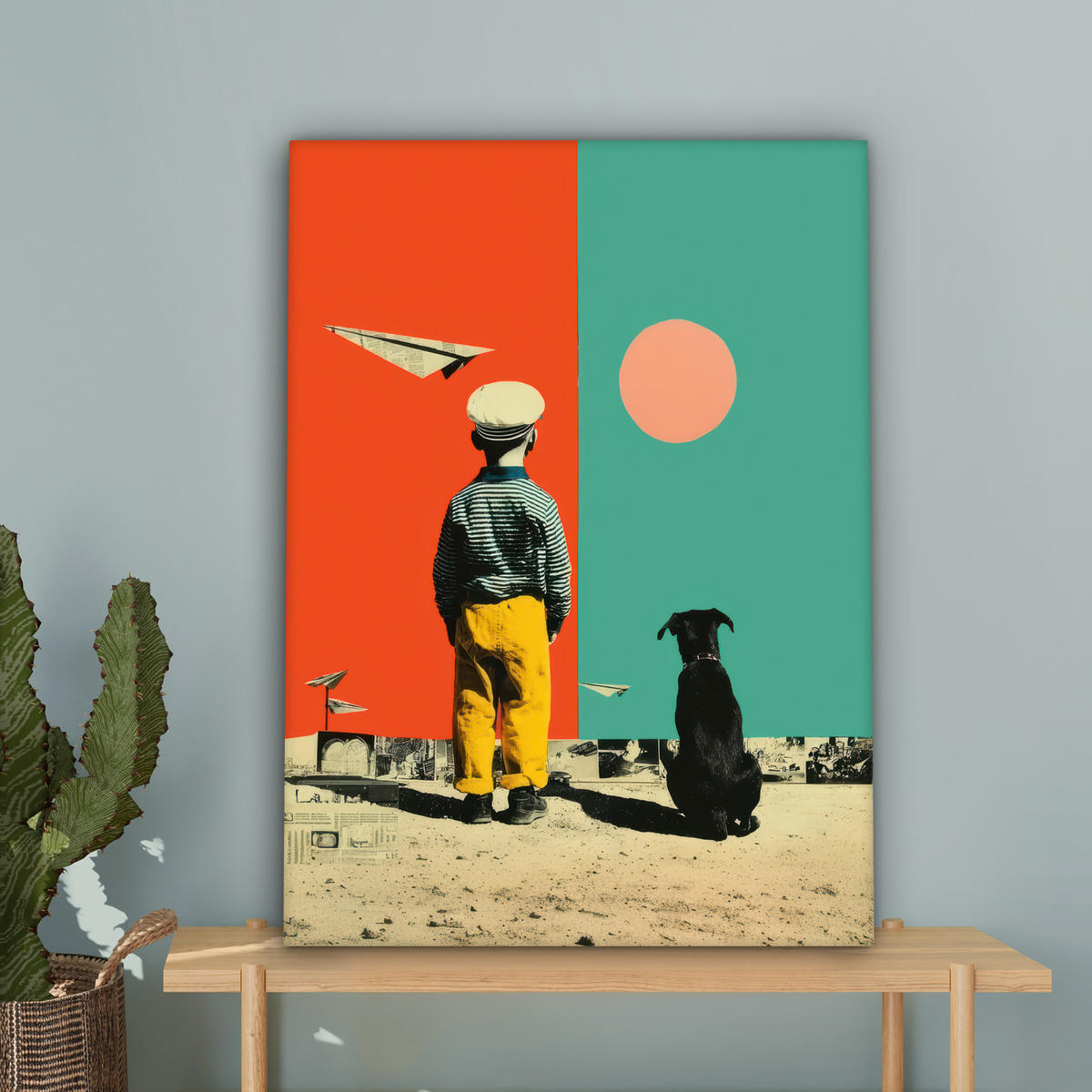 LEINWANDBILD Retro - Junge - Hund - Rot - Grün Wandbild Wohnzimmer 60x80 cm - Orange, Textil (60/80cm) - MuchoWow