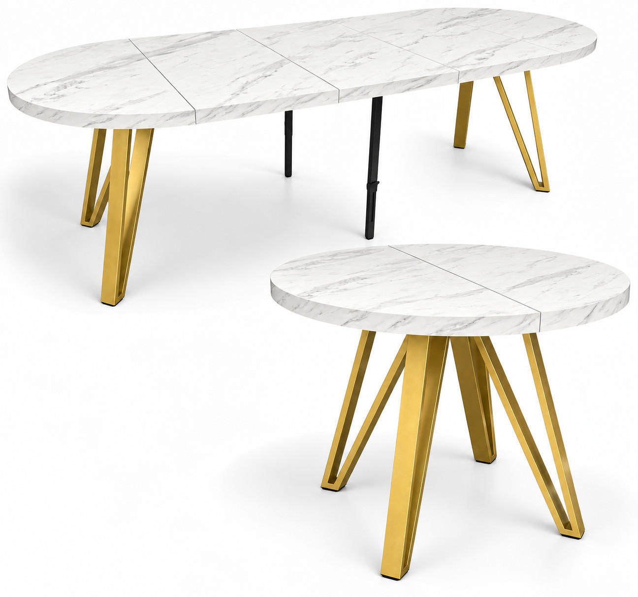 ESSTISCH rund ausziehbar 110/310/76 cm, Marmor, 54 cm Tischplatte + Industrial Metallgestell Gold - Goldfarben/Hellgrau, Holzwerkstoff/Metall (110/310/76cm) - Damale Möbel