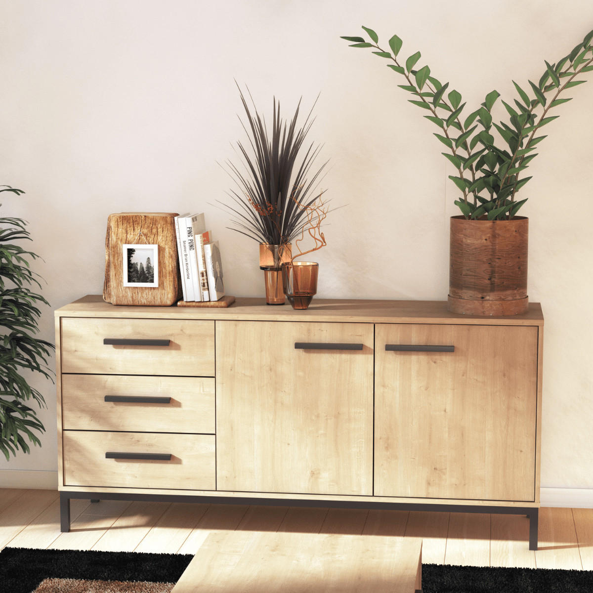 SIDEBOARD mit 2 Türen und 3 Schubladen, Dekor Eiche Hamilton und Schwarz matt - L152,5 cm - Apfelbaumfarben, Holzwerkstoff (39.5/72.3/152.5cm) - Calicosy