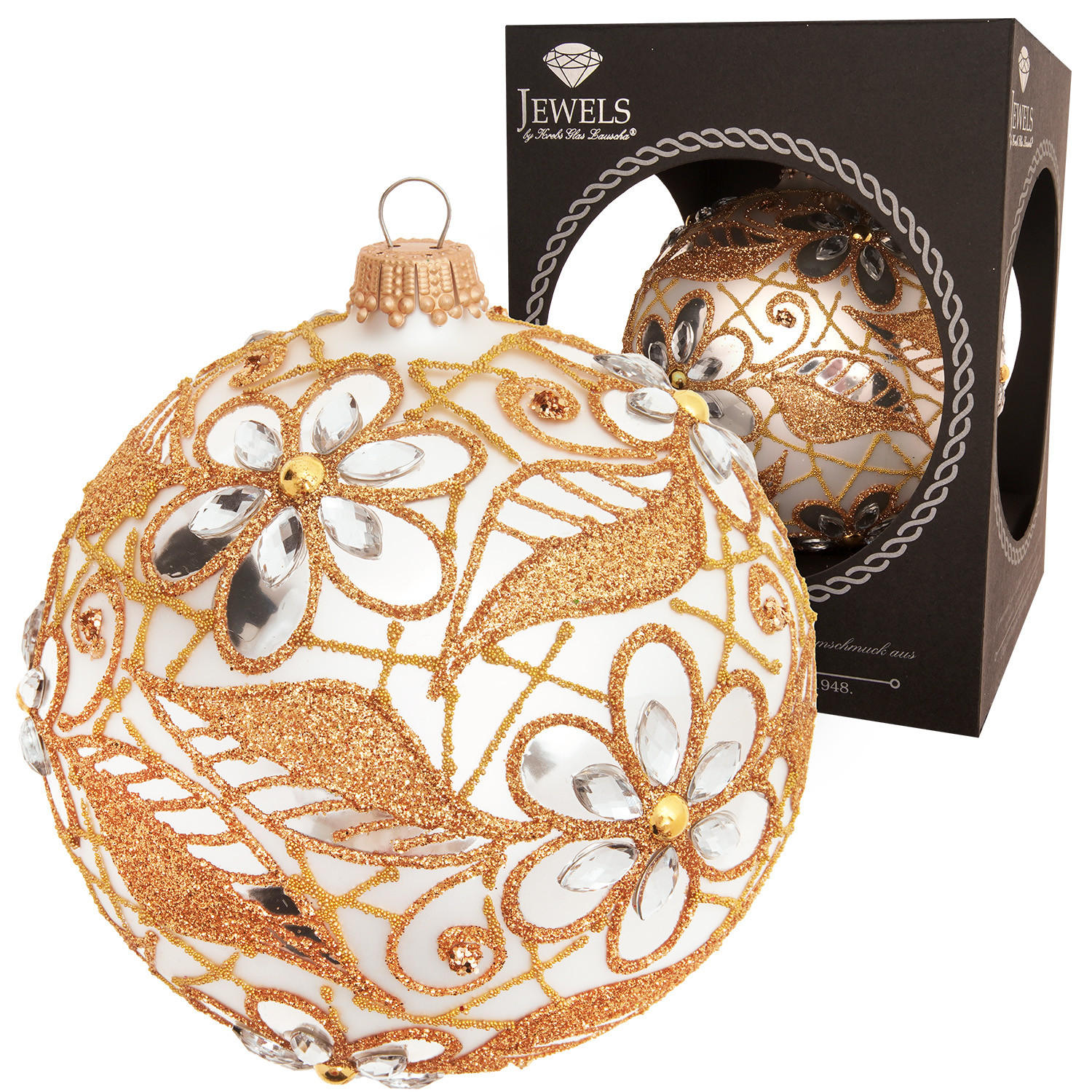 CHRISTBAUMKUGEL Strassdesign Blumen und Blätter Silberfarbig 10cm (Glas / 1 Stk.) - Silberfarben, Glas (10/10/10cm) - Krebs Glas Lauscha