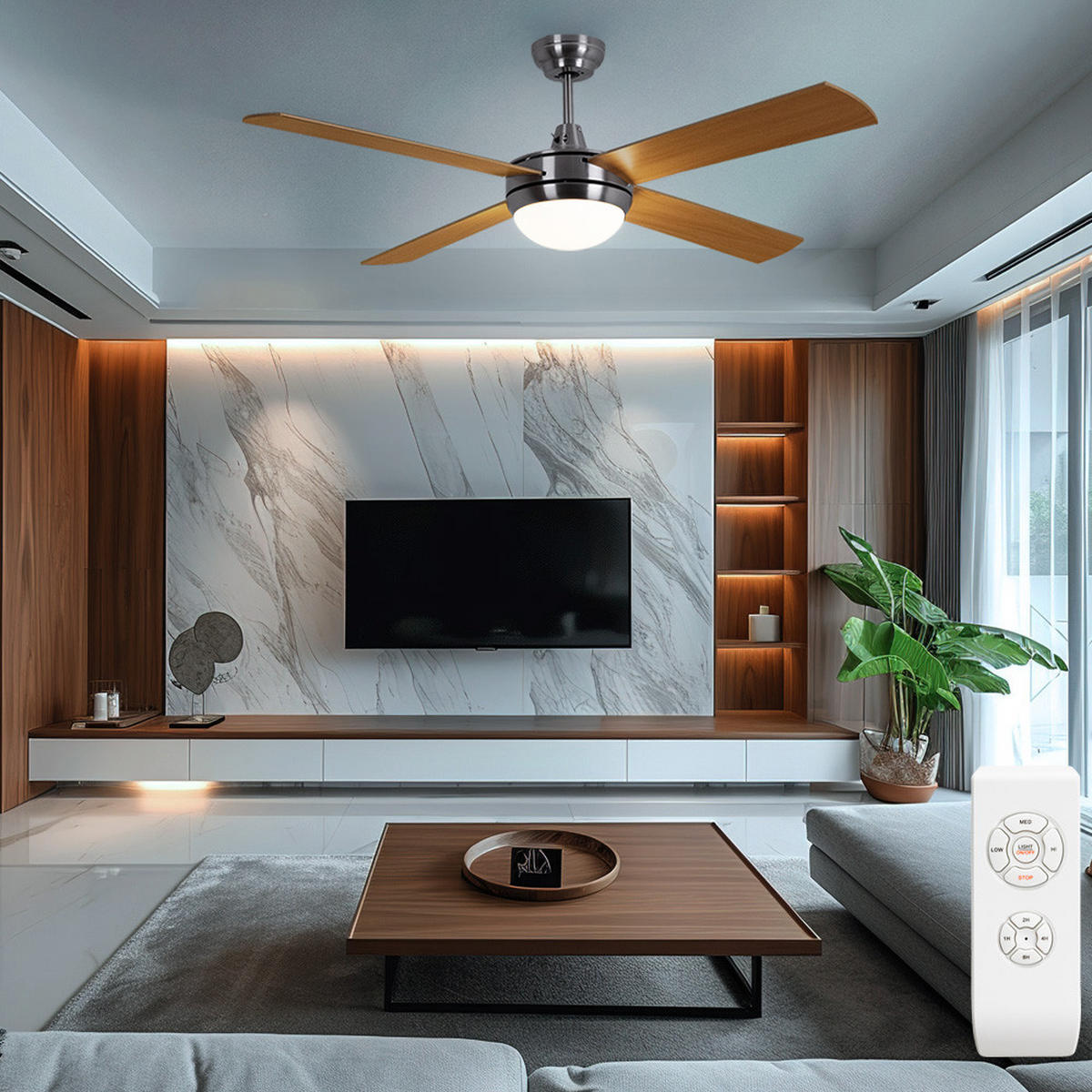 LED DECKENVENTILATOR Sperrholz Braun - Silberfarben, Glas (132/132/46cm)