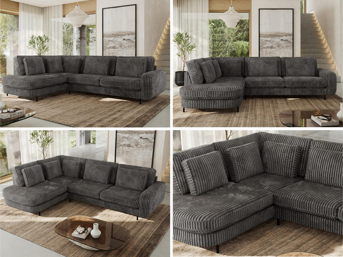 ROHOVÁ SEDAČKA CALENO L - Šedá Manšestr - Pravá Strana - šedá/černá, kov/textil (317/225cm) - MKS