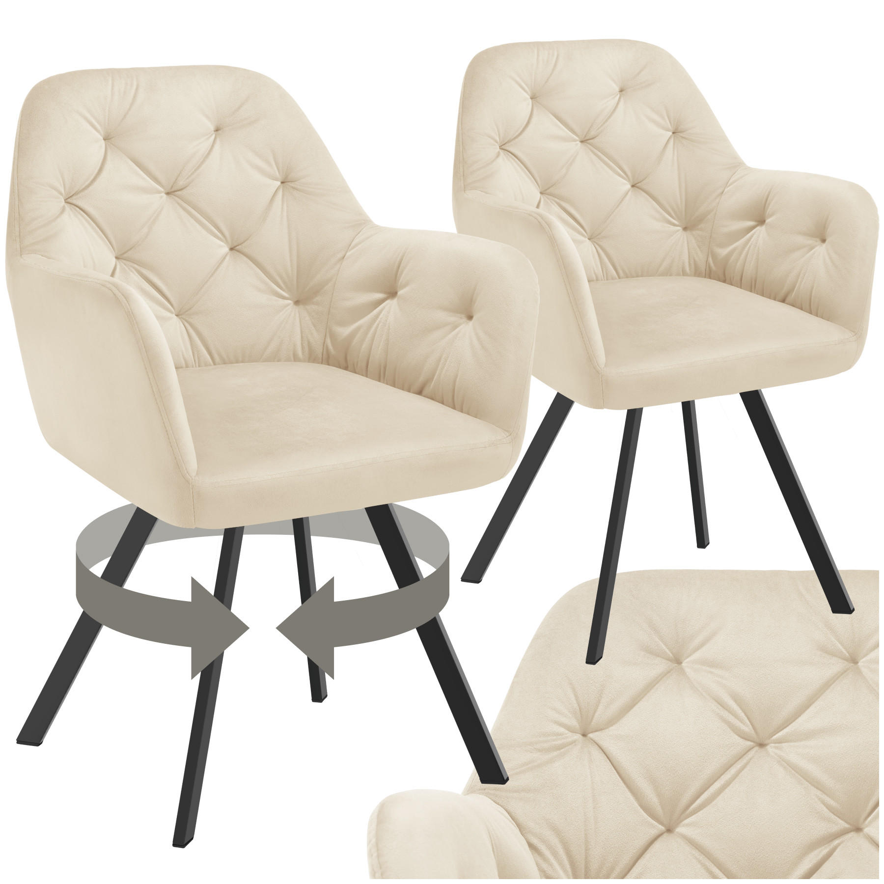 ARMLEHNSTUHL Drehbarer Samt 2er Set Lucia 58 x 58 x 87 cm creme - Creme, Kunststoff (58/87/58cm) - tectake