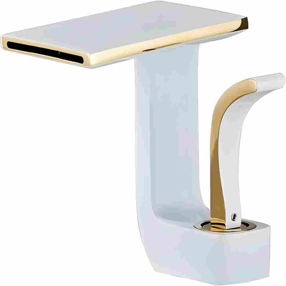 WASCHBECKENARMATUR mit Wasserfallauslauf, Einhebelmischer Kalt-/Warmwasser, Weiß-Gold - Goldfarben, Metall (17/16/21cm) - TVTIUO