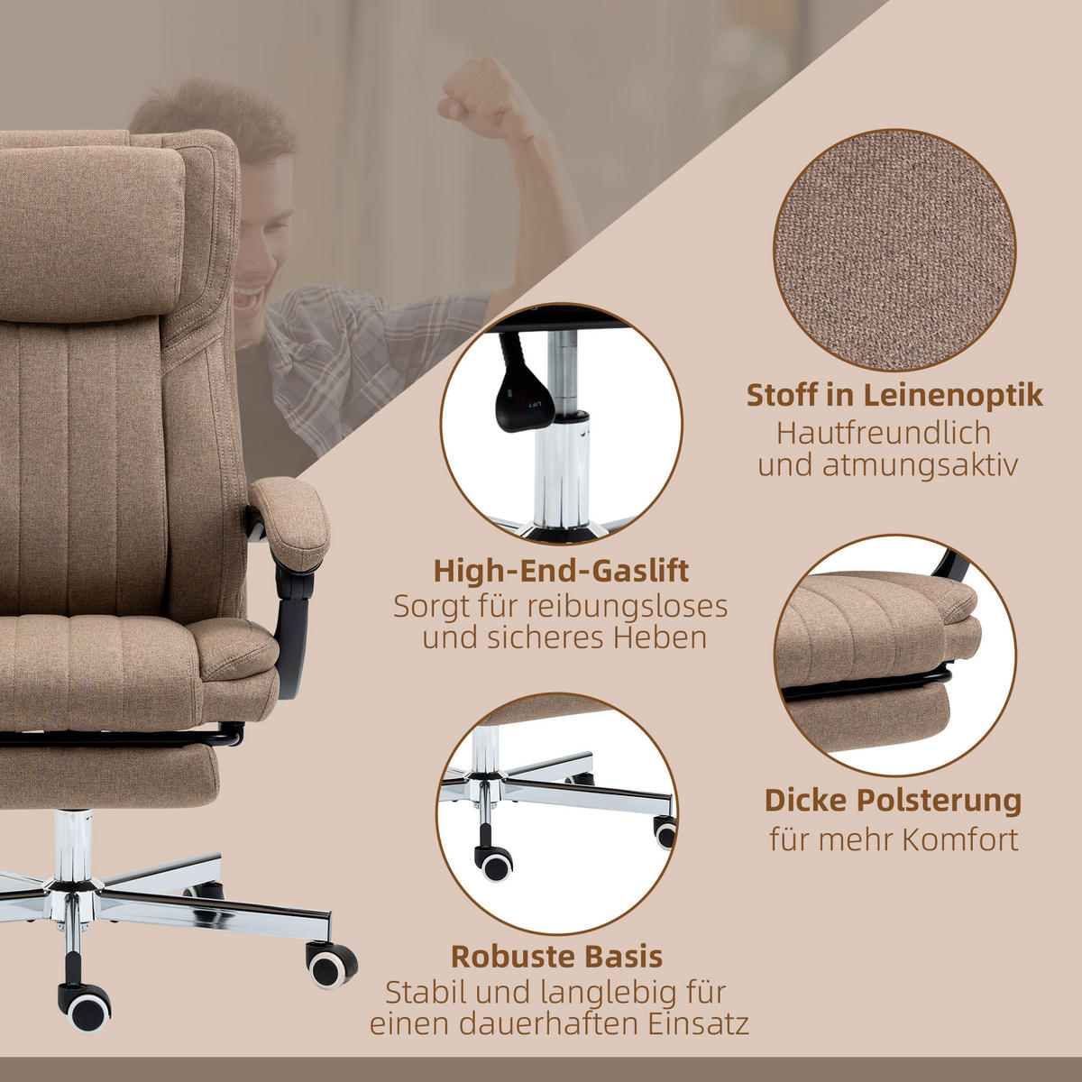 CHEFSESSEL DE-05219 Massagefunktion, neigbare Lehne & Fußstütze Braun - Braun, Metall (61/118/65cm) - ComfortXL