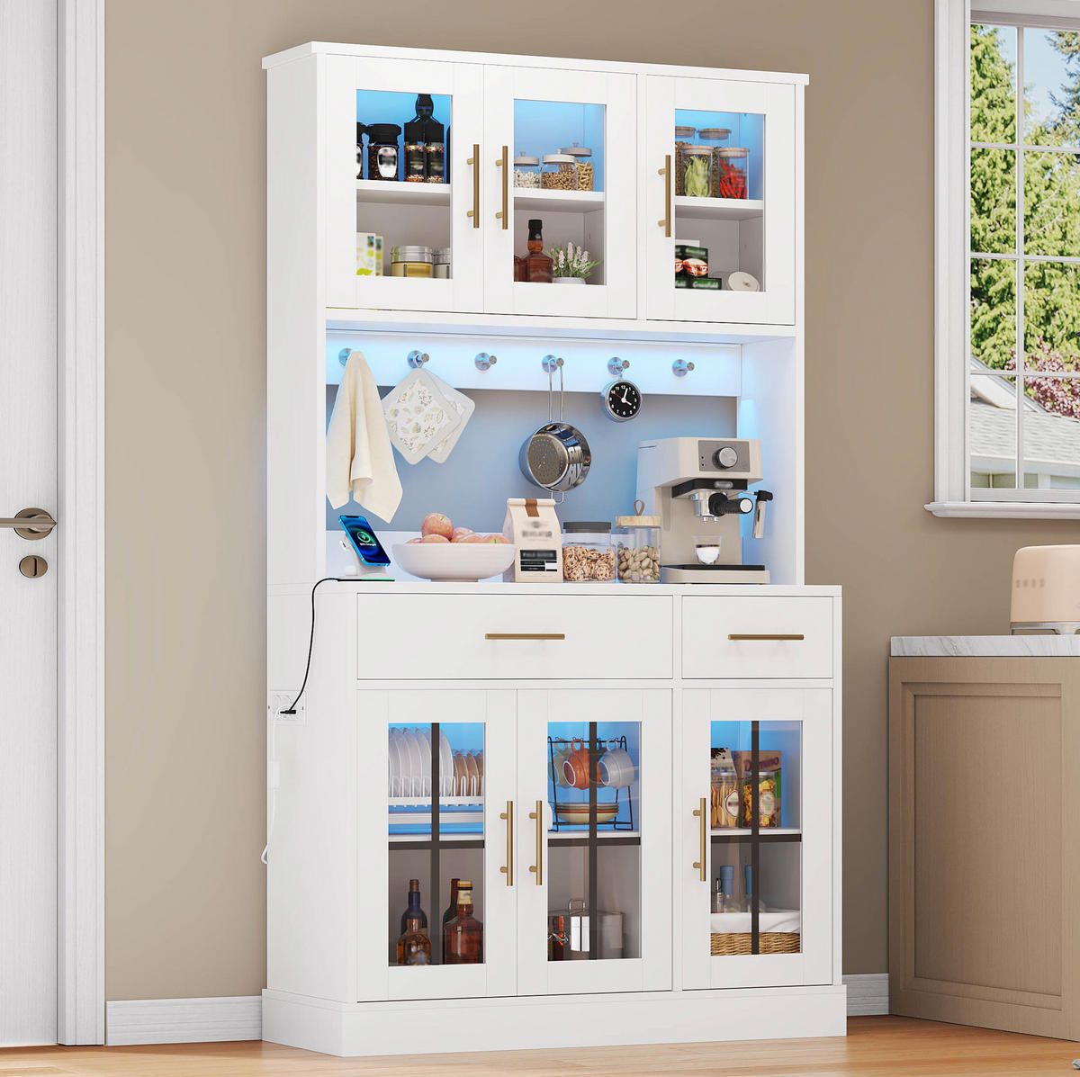 SIDEBOARD 180/100 cm in Weiß mit LED-Beleuchtung, 6 Türen und 2 Schubladen - Weiß, Holzwerkstoff (100/180/40cm) - Flora Grace
