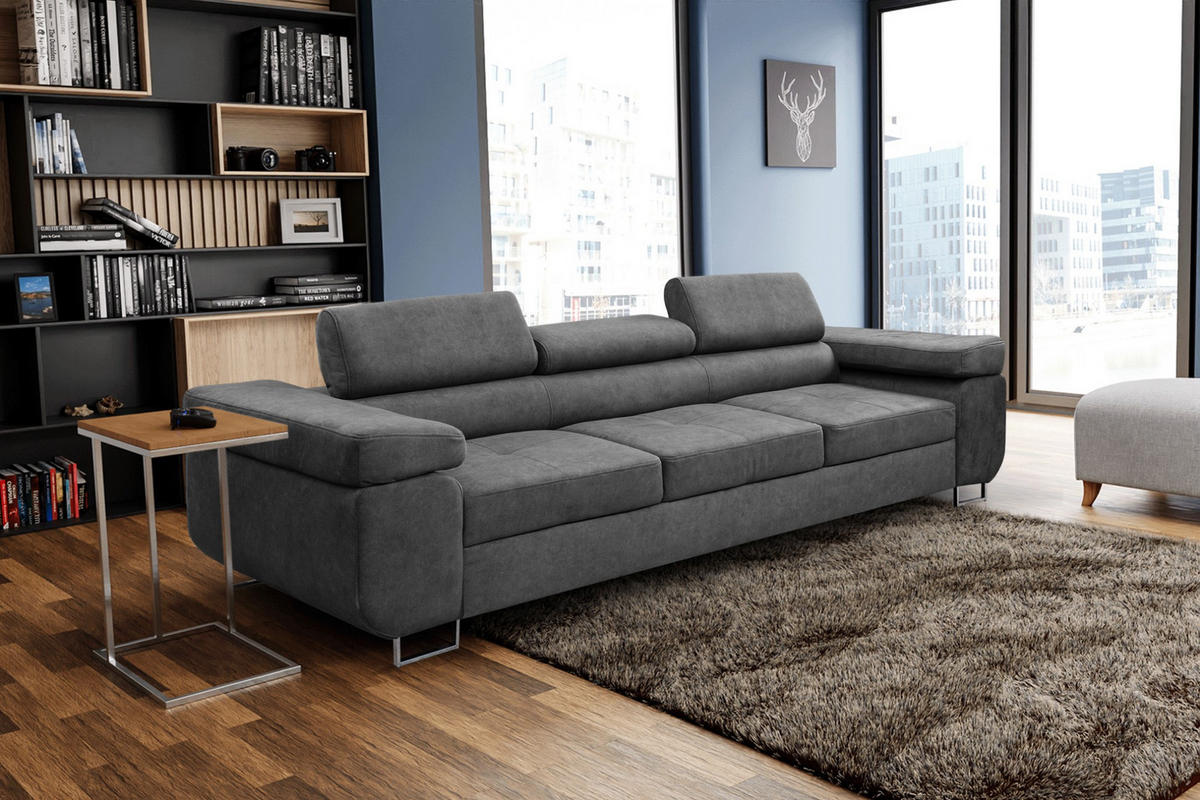 SOFA Marlene II 274 x 97 cm, mit verstellbaren Kopfstützen Schlaffunktion Wohnzimmersofa 3 Sitzer, grau - Dunkelgrau, Kunststoff (274/87/97cm) - Margaret Hadas24
