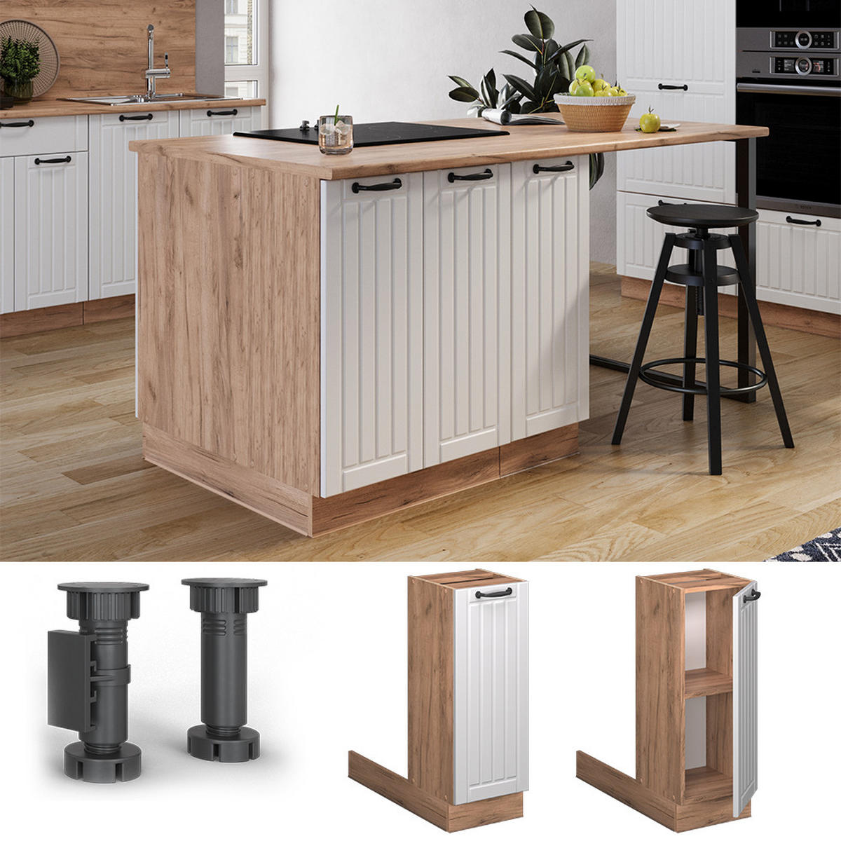 KÜCHENINSEL Fame-Line Weiß Landhaus 30 cm ohne Arbeitsplatte - Honigeiche/Weiß, Holzwerkstoff (30/82/70cm) - Vicco